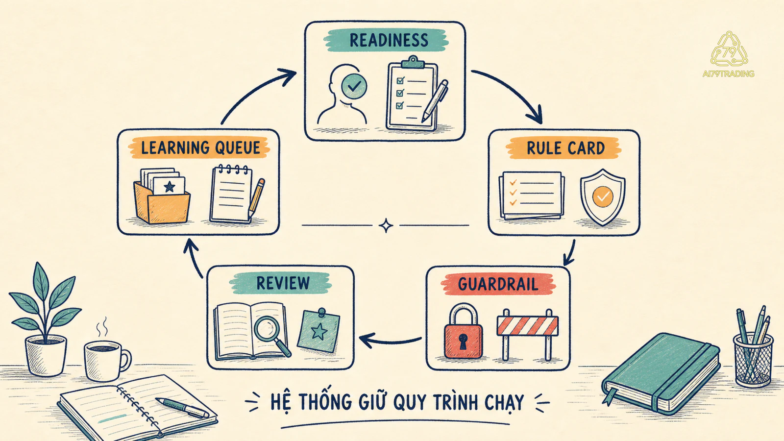 Vòng năm lớp từ readiness đến learning queue trong hệ thống vận hành trader