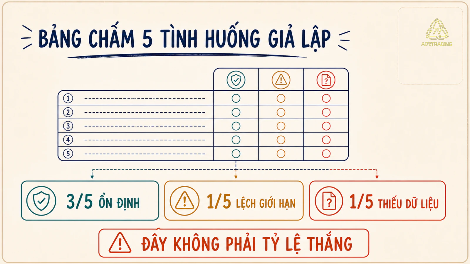 Bảng chấm năm tình huống giả lập gồm ba quy trình ổn định một lệch giới hạn và một thiếu dữ liệu