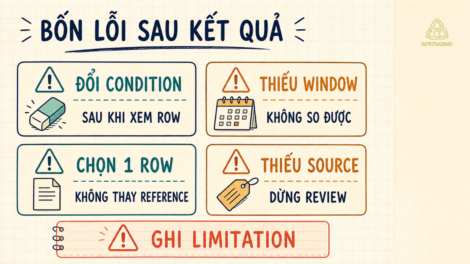 Bốn thẻ cảnh báo đổi condition, thiếu window, chọn một row hợp và đọc conclusion khi thiếu source