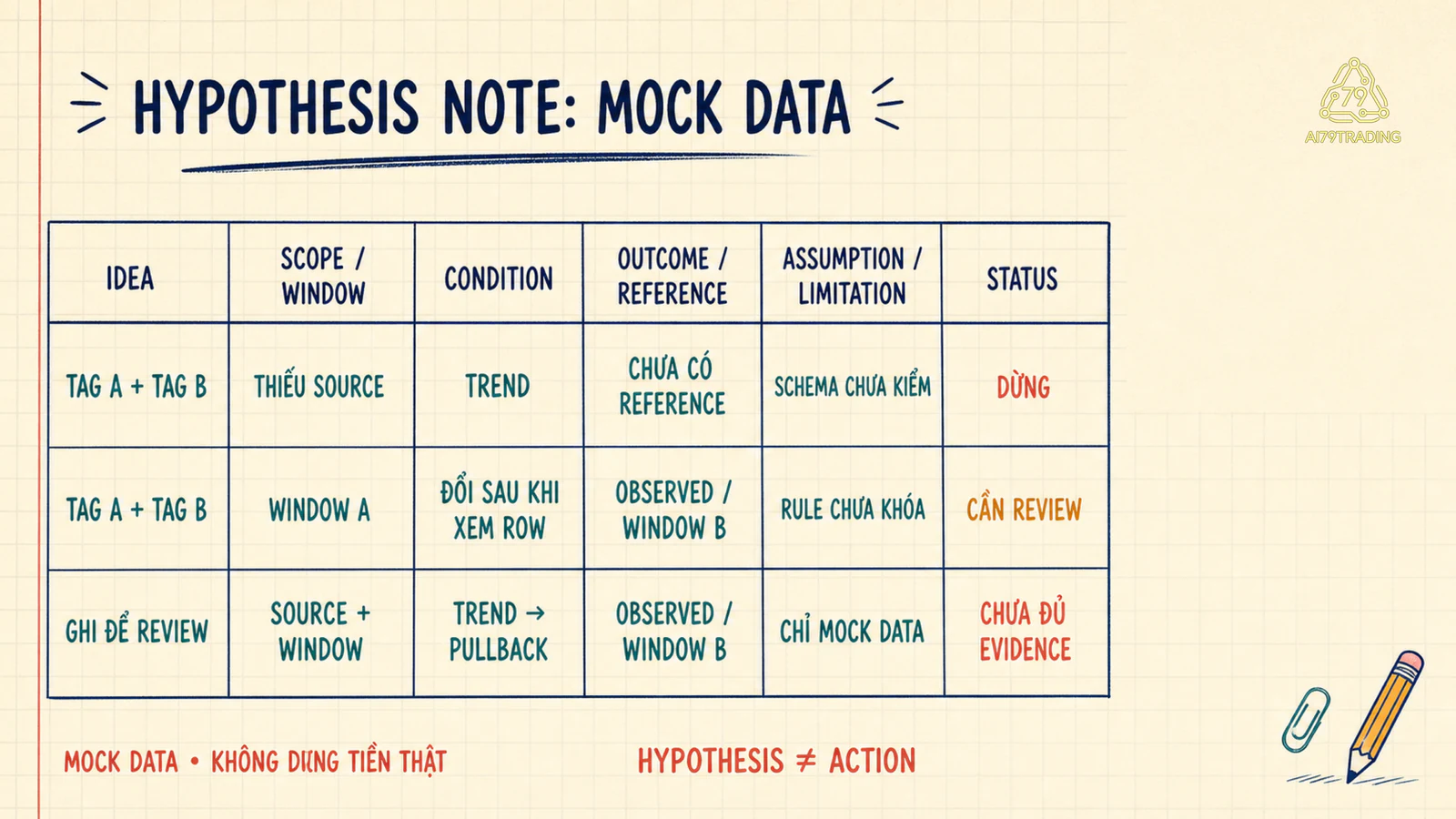 Worksheet Hypothesis Note sáu cột với ba row mock data mang status Dừng, Cần review và Chưa đủ evidence
