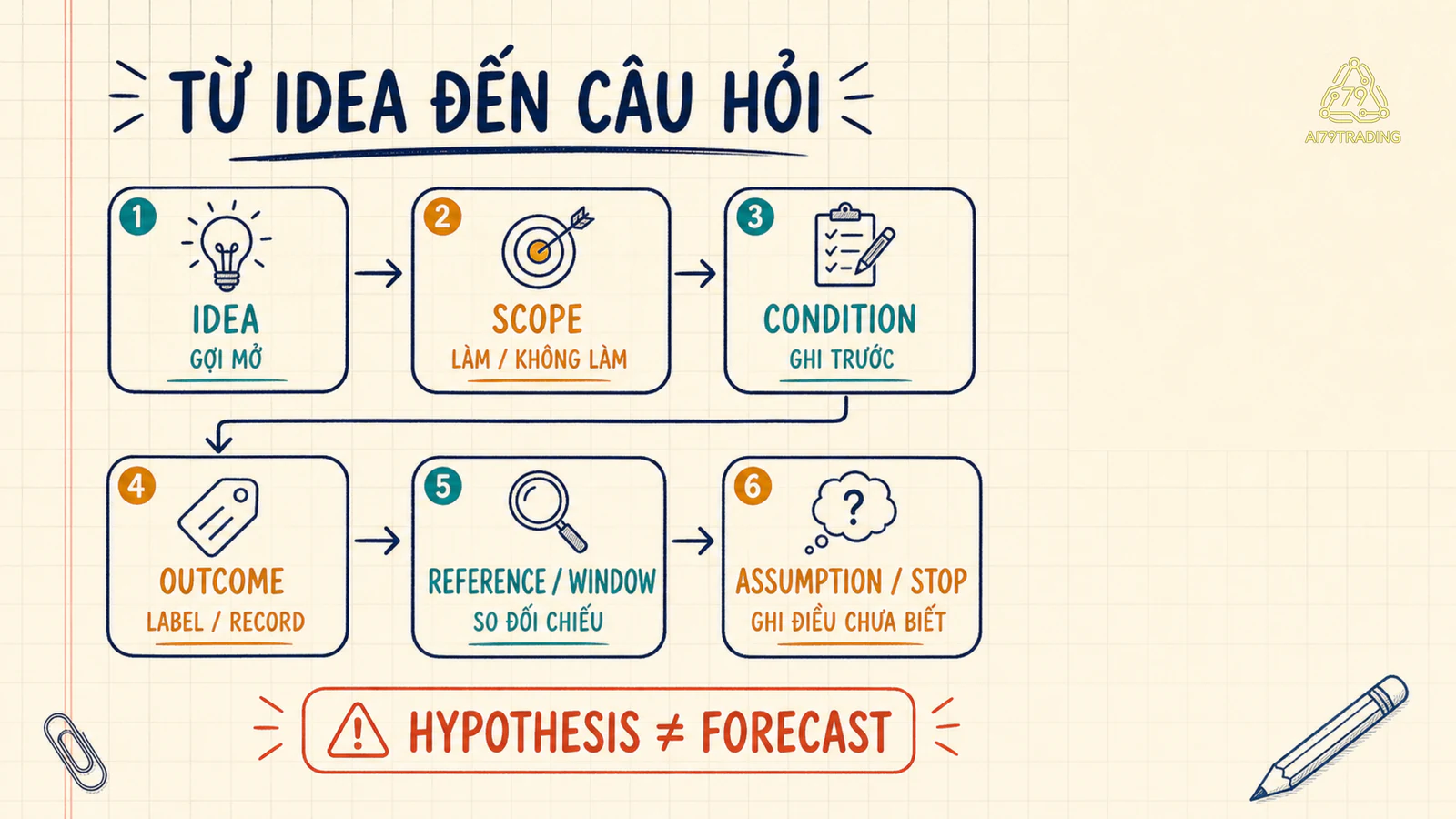 Sáu thẻ Idea, Scope, Condition, Outcome, Reference and Window, Assumption and Stop nối thành Hypothesis Note kèm nhắc hypothesis không phải forecast