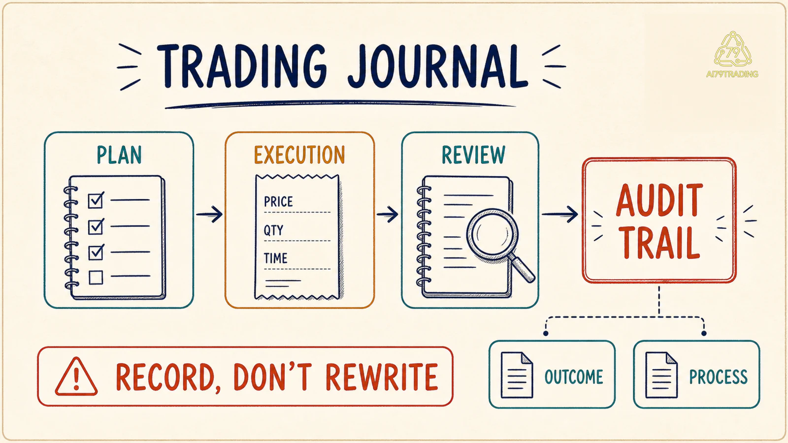 Sơ đồ Trading Journal nối plan, execution và review thành audit trail