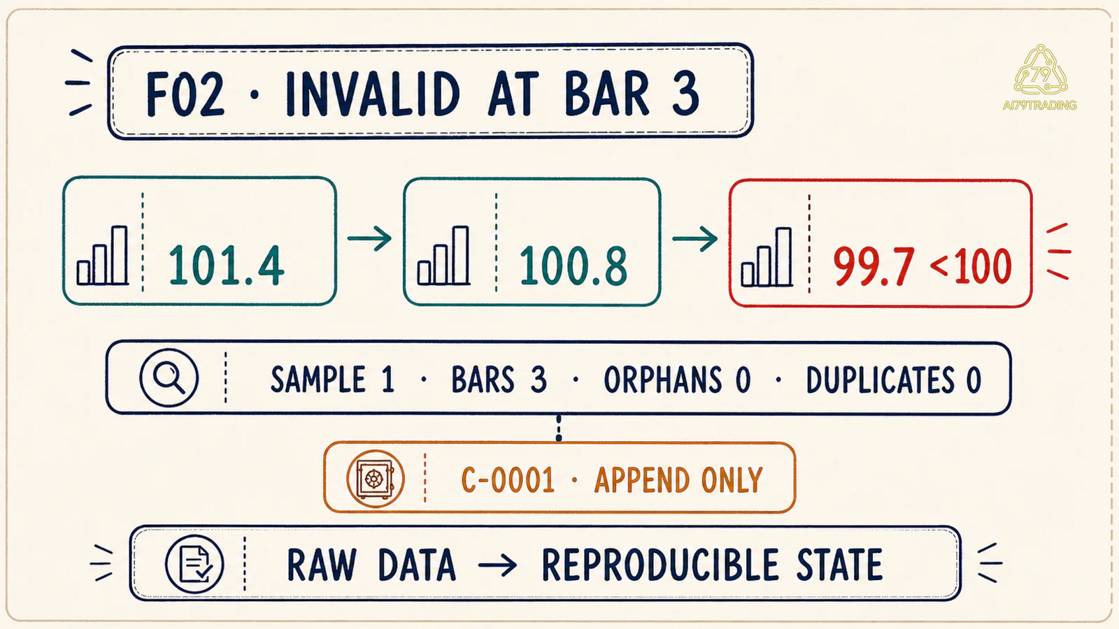 Hồ sơ Trading Journal F02 cho thấy ba close dẫn tới INVALID tại bar 3 và correction append-only
