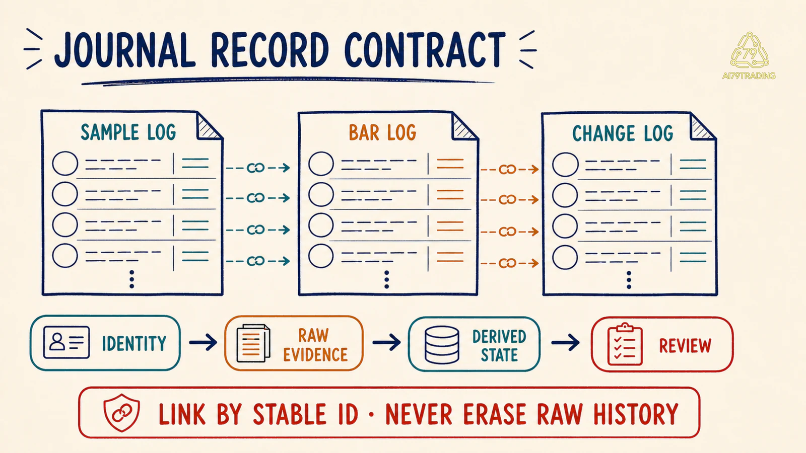 Trading Journal Record Contract nối Sample Log, Bar Log và Change Log bằng stable ID
