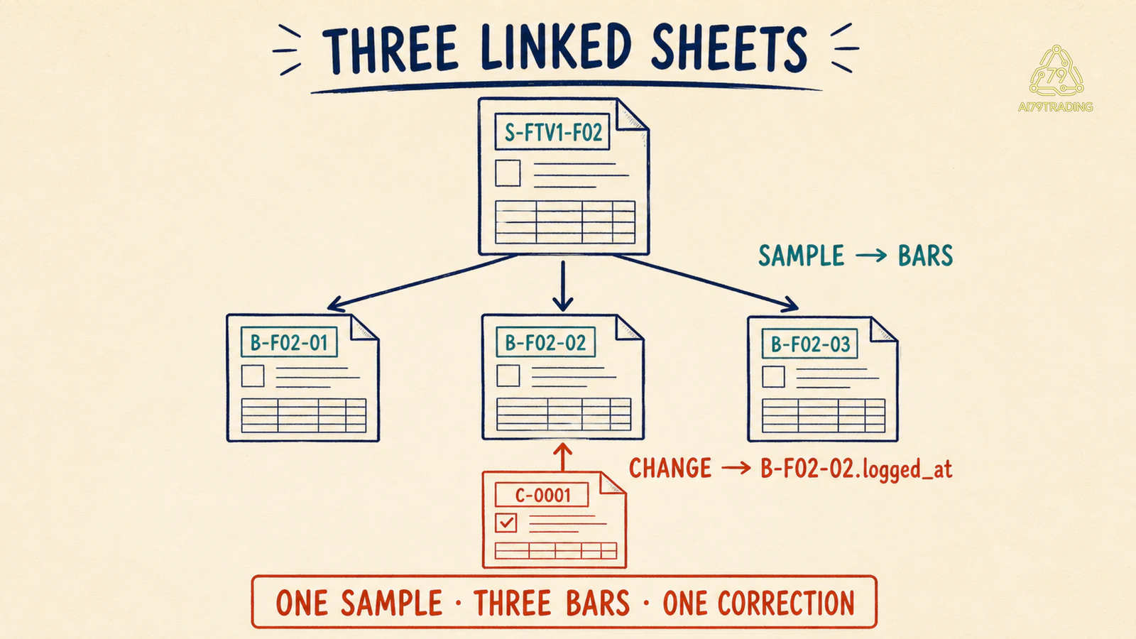 Sơ đồ ba sheet của Trading Journal nối một sample F02 với ba bar record và một correction
