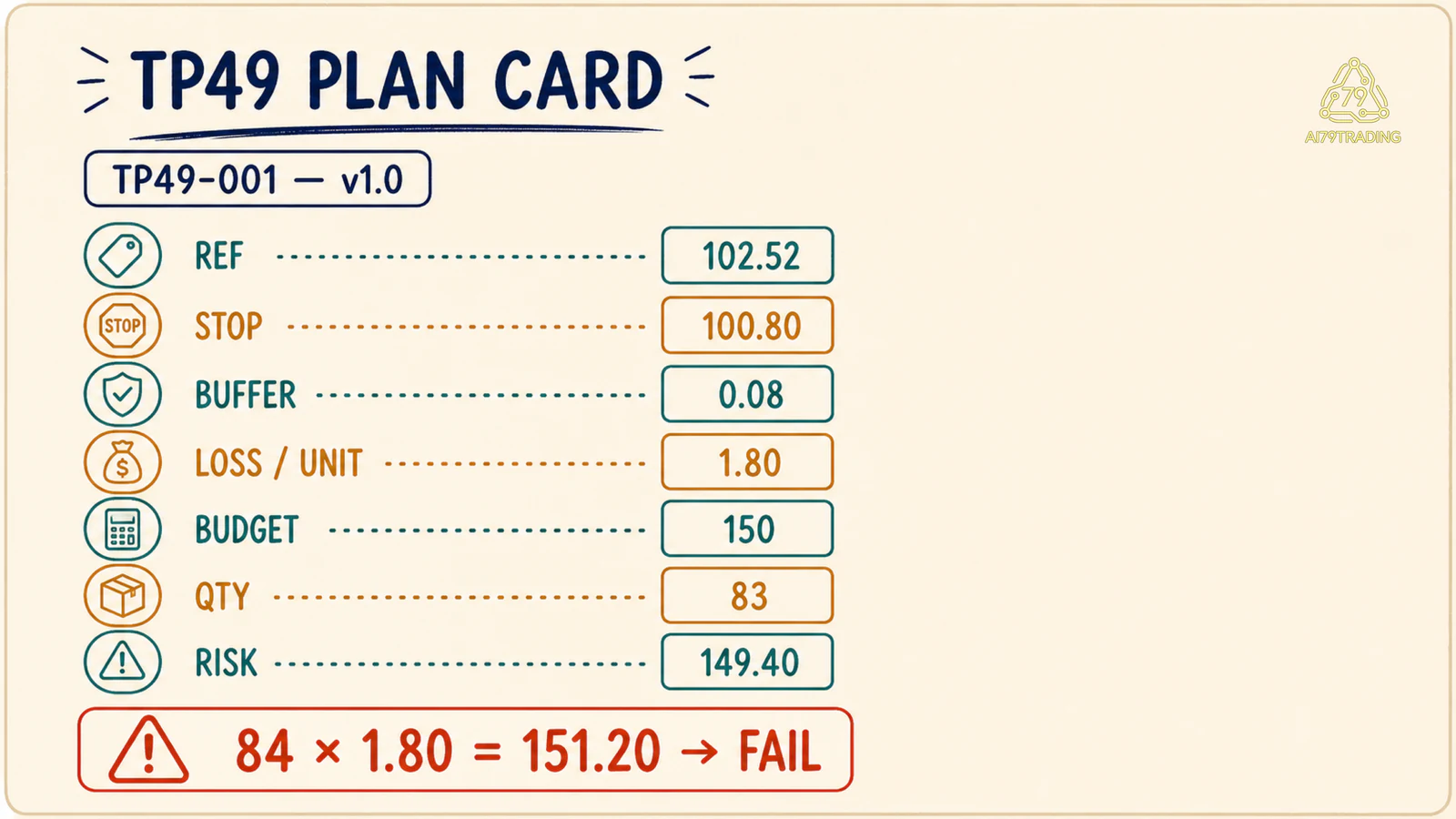 Plan Card TP49-001 với reference, stop, buffer, quantity và planned risk