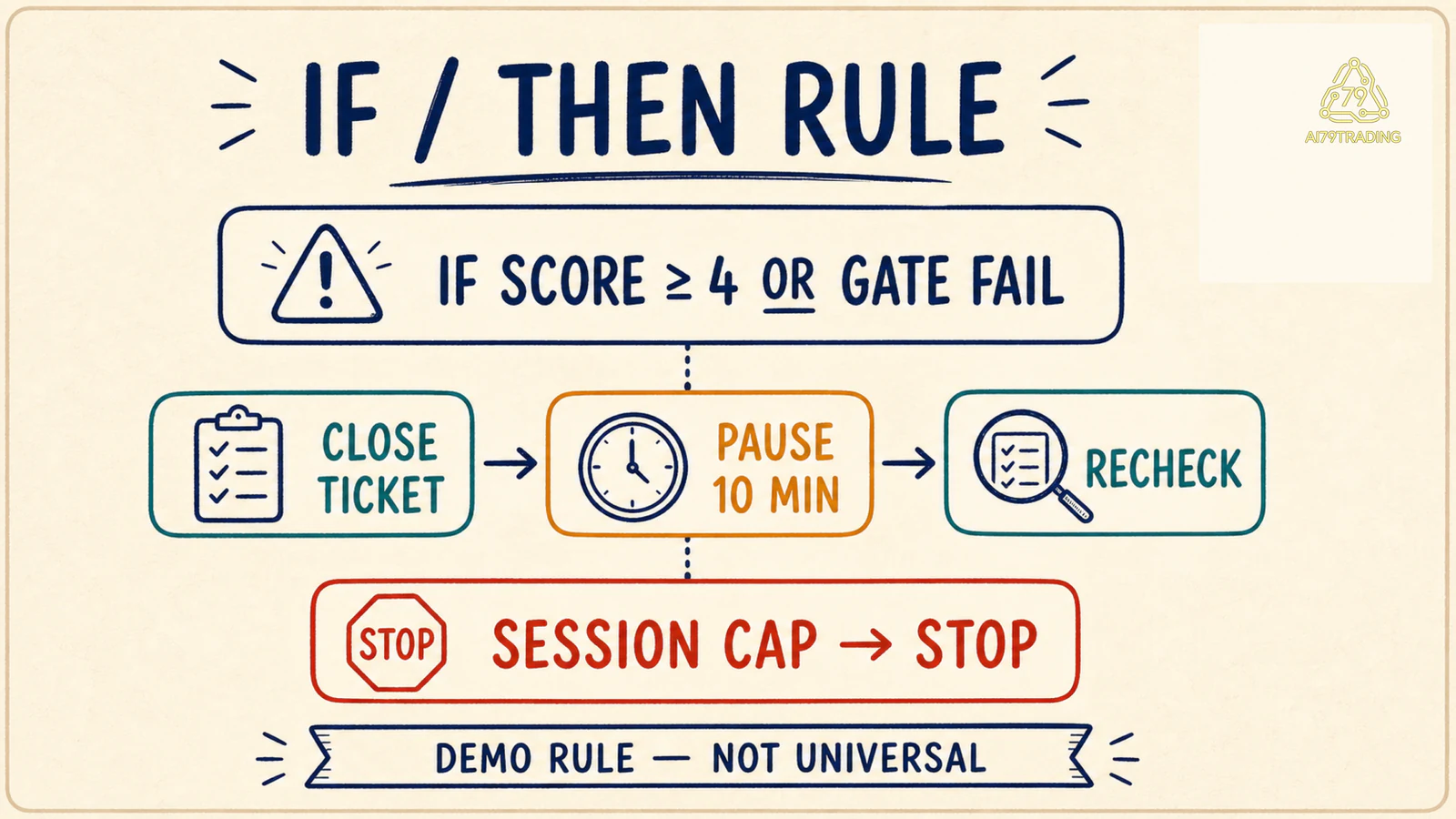 Thẻ IF/THEN nối activation hoặc gate fail với pause và recheck