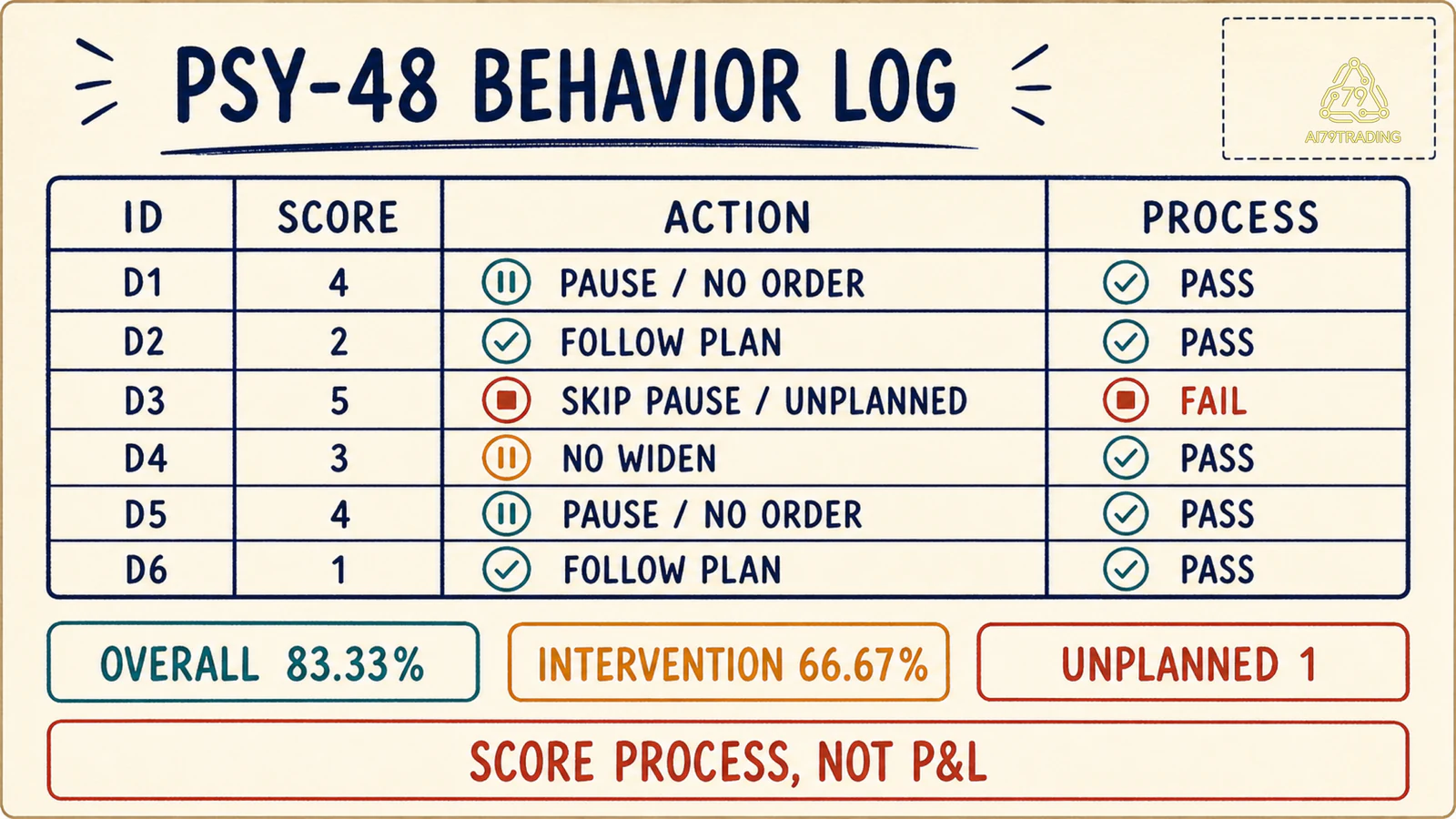 Behavior Log PSY-48 với sáu score, action và process status