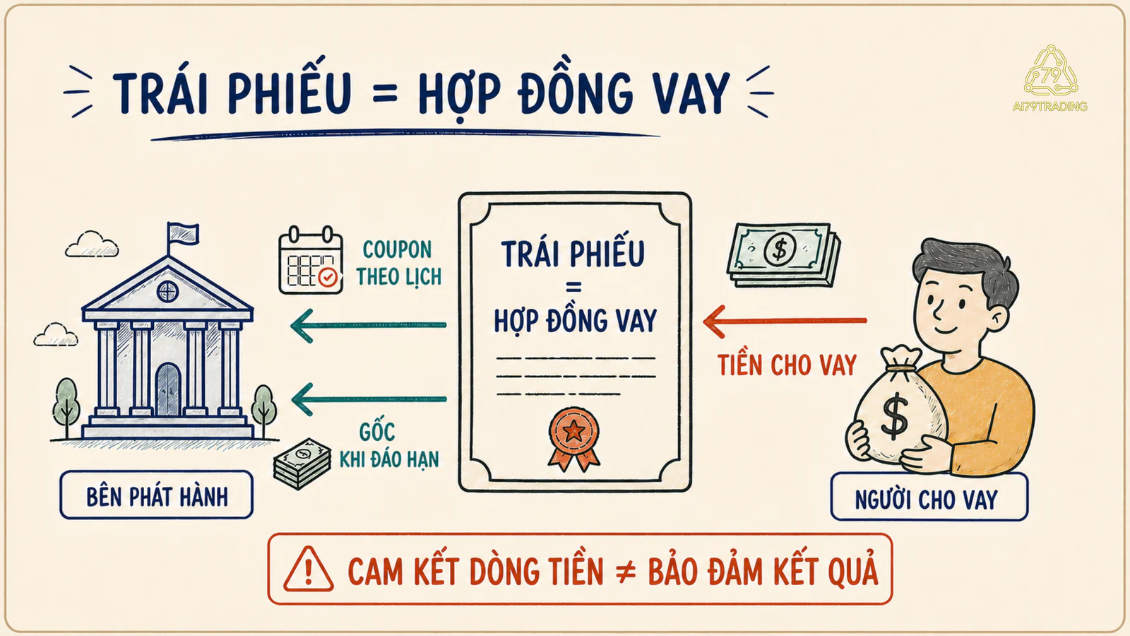 Sơ đồ trái chủ chuyển tiền hôm nay cho tổ chức phát hành, rồi nhận coupon theo lịch và tiền gốc khi đến hạn