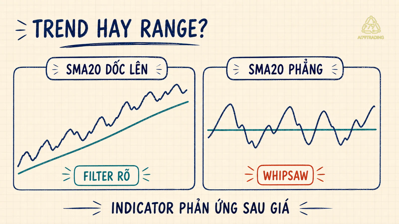 Hai chart giả đối chiếu SMA20 dốc lên có cấu trúc rõ với SMA20 phẳng và giá cắt qua lại trong vùng đi ngang