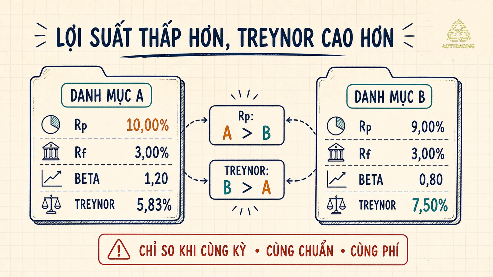 So sánh danh mục A lợi suất 10% Treynor 5,83 với danh mục B lợi suất 9% Treynor 7,50