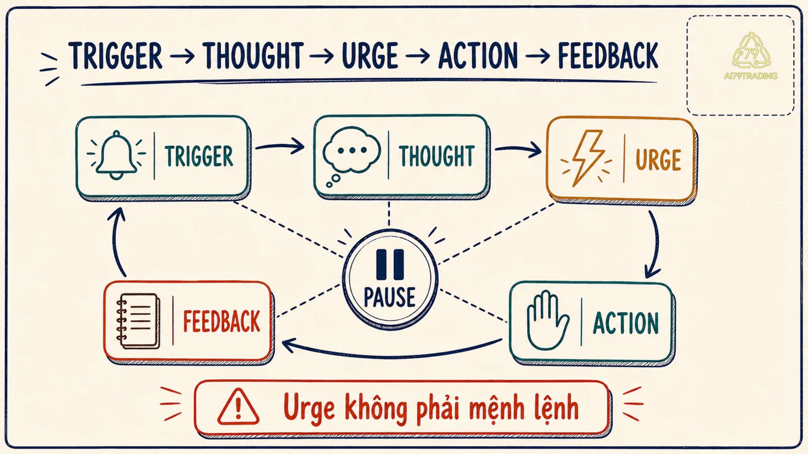 Vòng lặp trigger thought urge action feedback có điểm pause