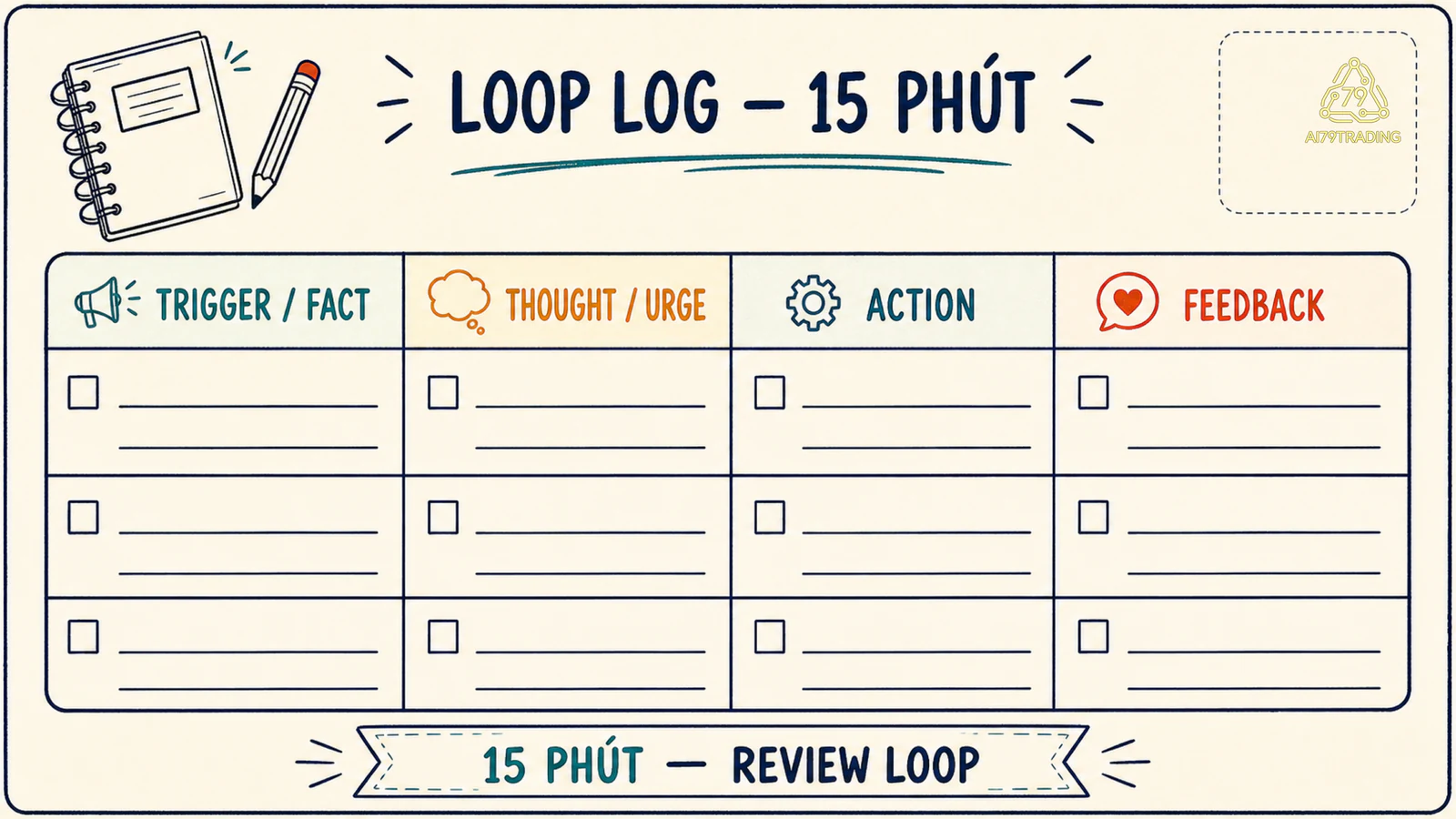 Bảng bài tập ghi trigger thought urge action feedback
