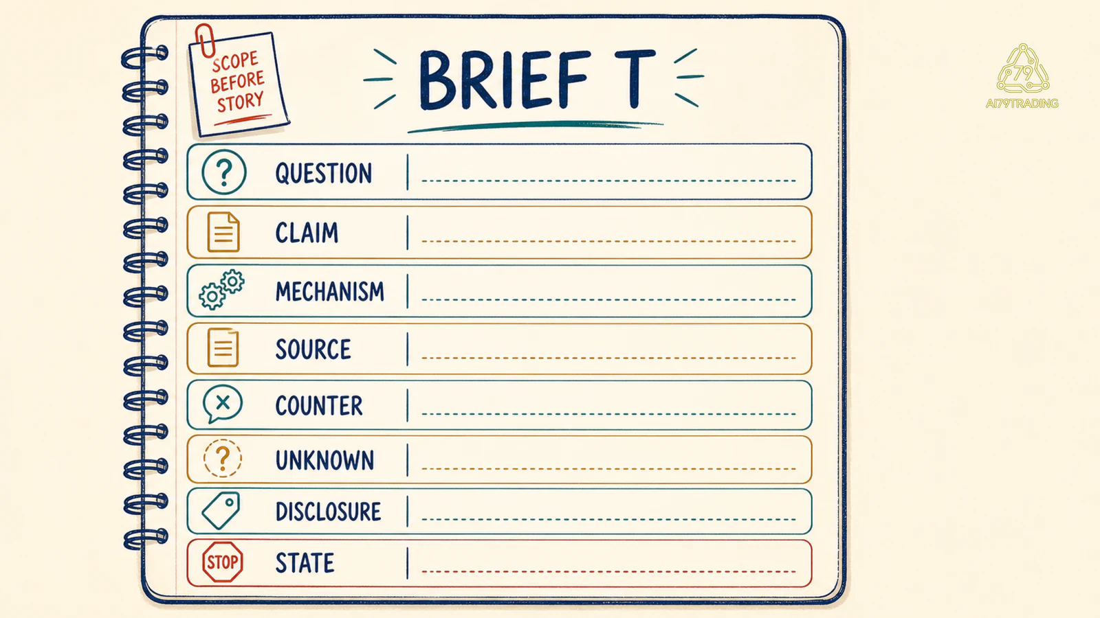 Một trang Thesis Brief T mô phỏng với question claim mechanism source counter-evidence unknown disclosure và state