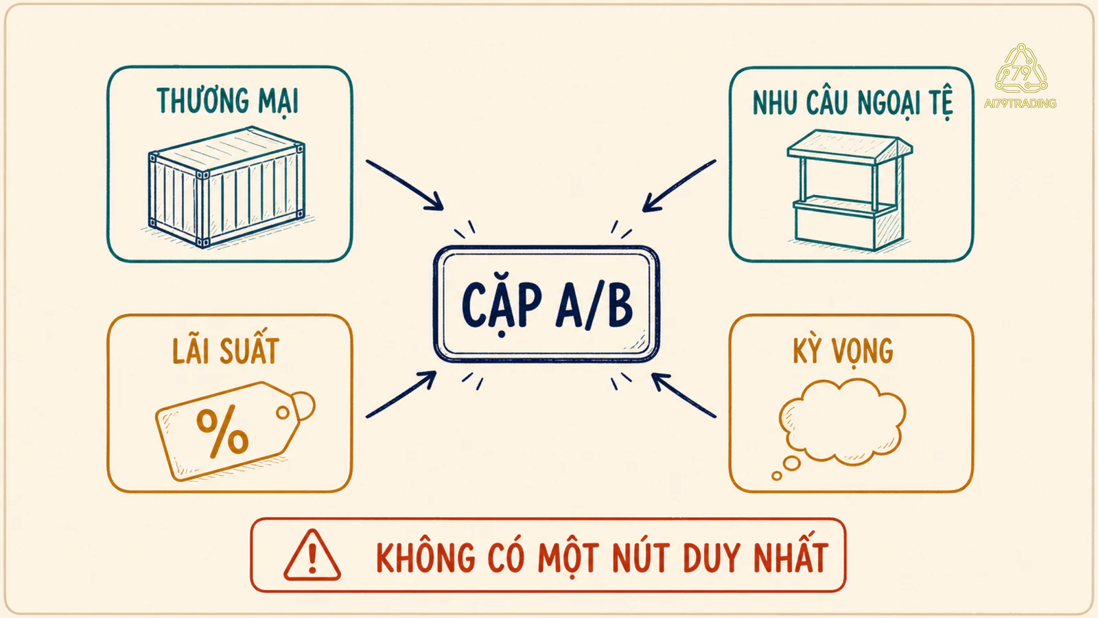 Sơ đồ nhiều mũi tên từ thương mại, nhu cầu ngoại tệ, lãi suất và kỳ vọng hướng vào cặp A/B