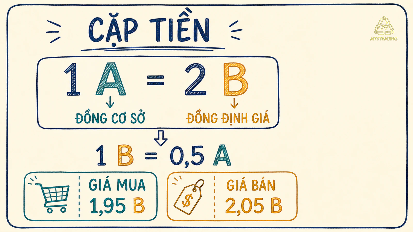 Bảng cặp A/B với A là đồng cơ sở, B là đồng định giá, mũi tên đảo chiều và quầy đổi tiền có cột giá mua giá bán