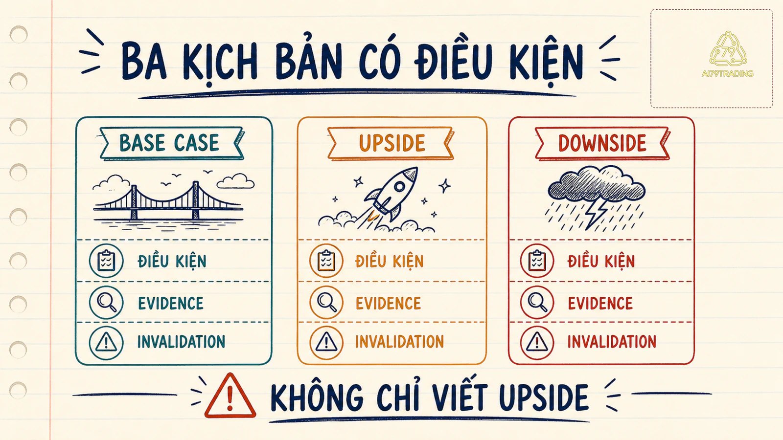 Ba thẻ Base Case, Upside và Downside với điều kiện, evidence và invalidation