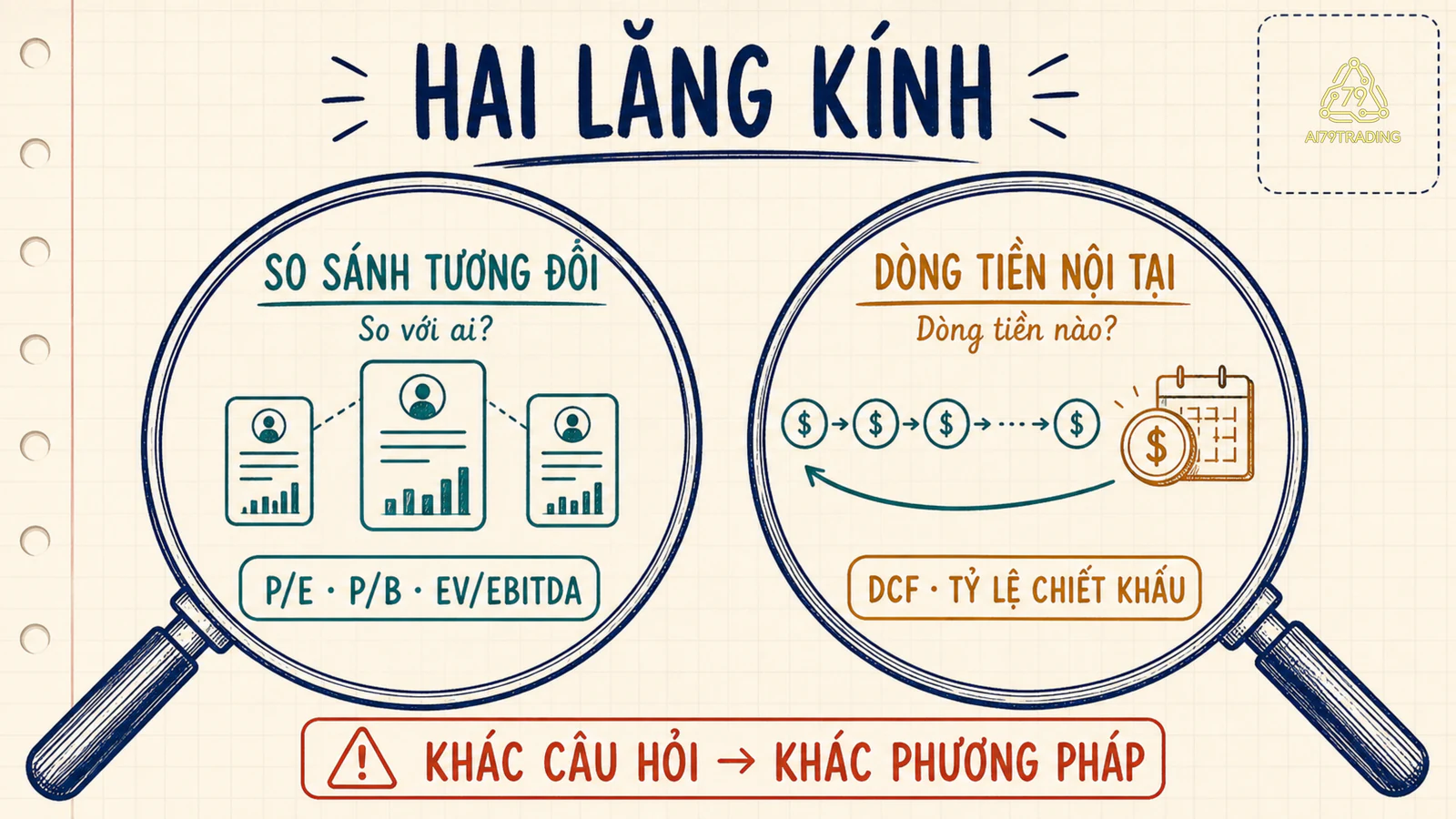Hai lăng kính định giá gồm so sánh tương đối bằng multiple và giá trị nội tại bằng dòng tiền