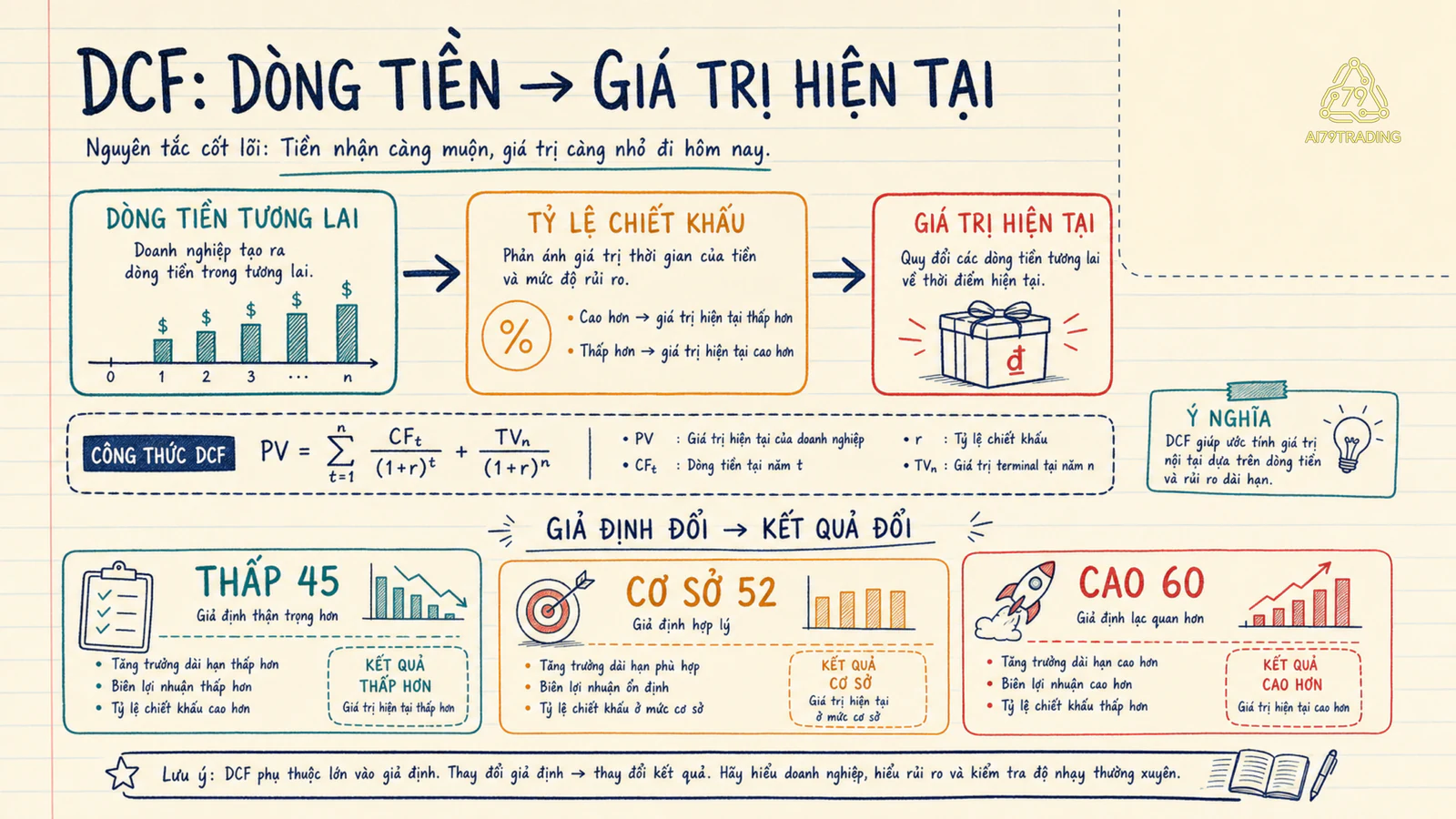 Dòng tiền tương lai đi qua tỷ lệ chiết khấu để tạo ba kịch bản giá trị hiện tại
