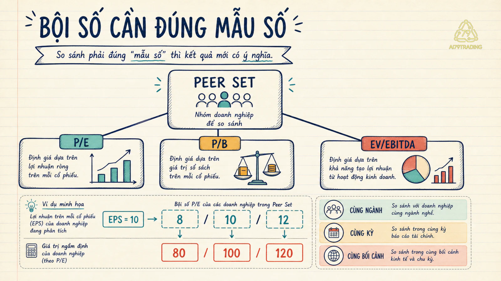 P/E, P/B và EV/EBITDA nối với peer set cùng các câu hỏi về khả năng so sánh