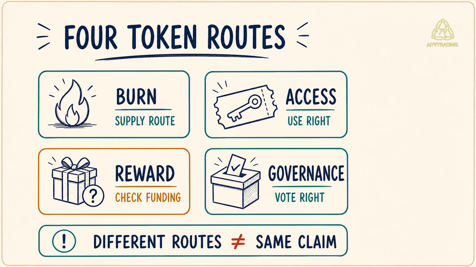 Bốn thẻ route gồm burn, required access, reward và governance với quyền người nhận khác nhau
