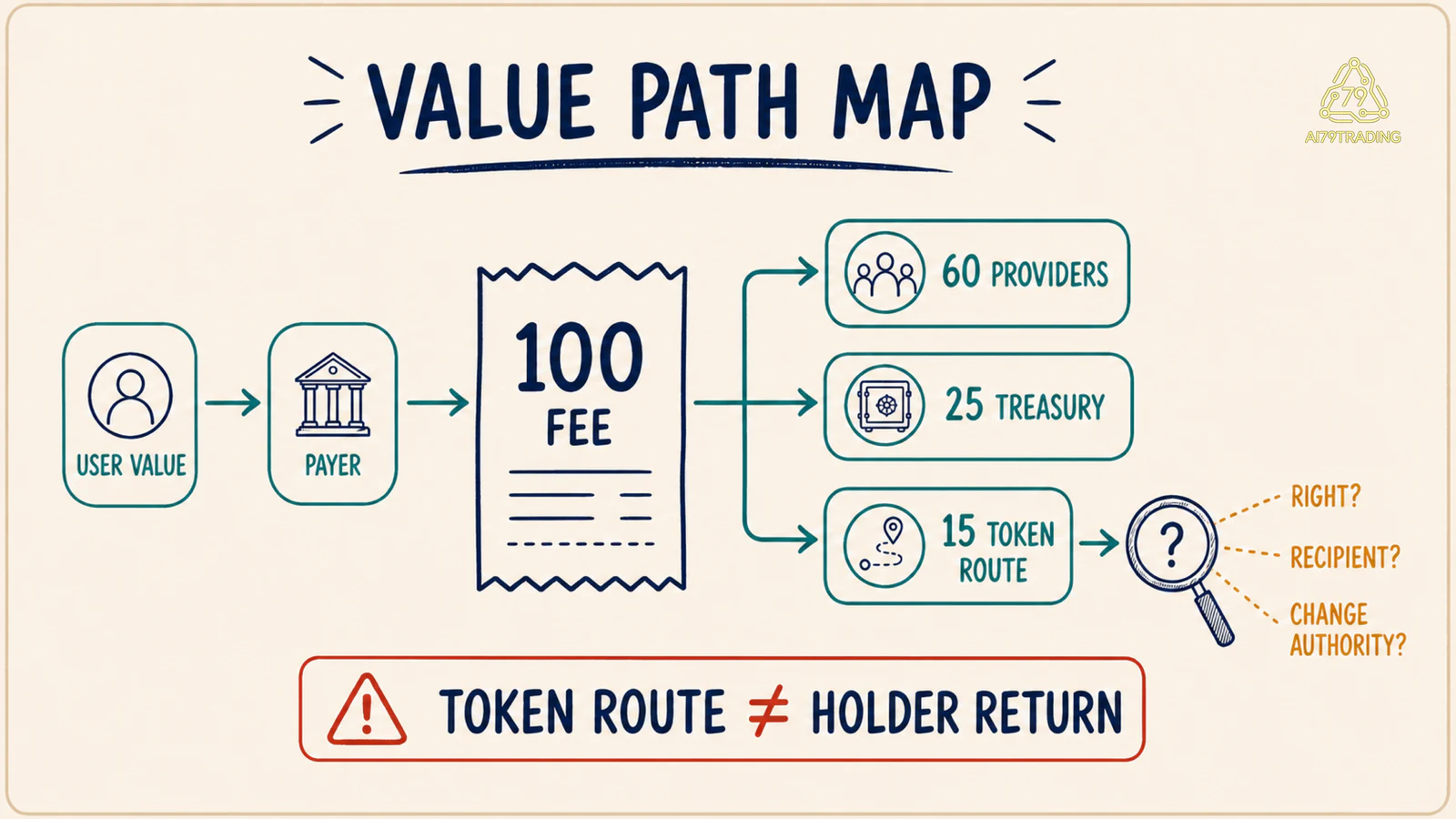 Bản đồ đường giá trị từ người dùng và 100 đơn vị phí tới nhà cung cấp, treasury và cơ chế token
