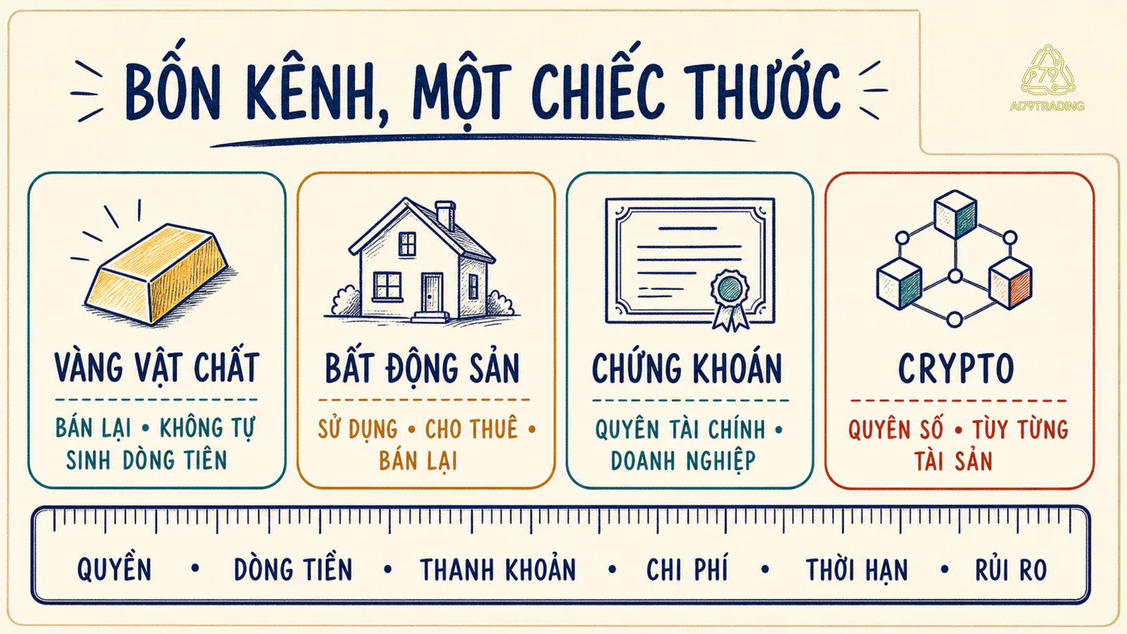Bốn ô vàng vật chất, bất động sản, chứng khoán và crypto đặt trên cùng thước quyền, dòng tiền, thanh khoản, chi phí, thời hạn và rủi ro