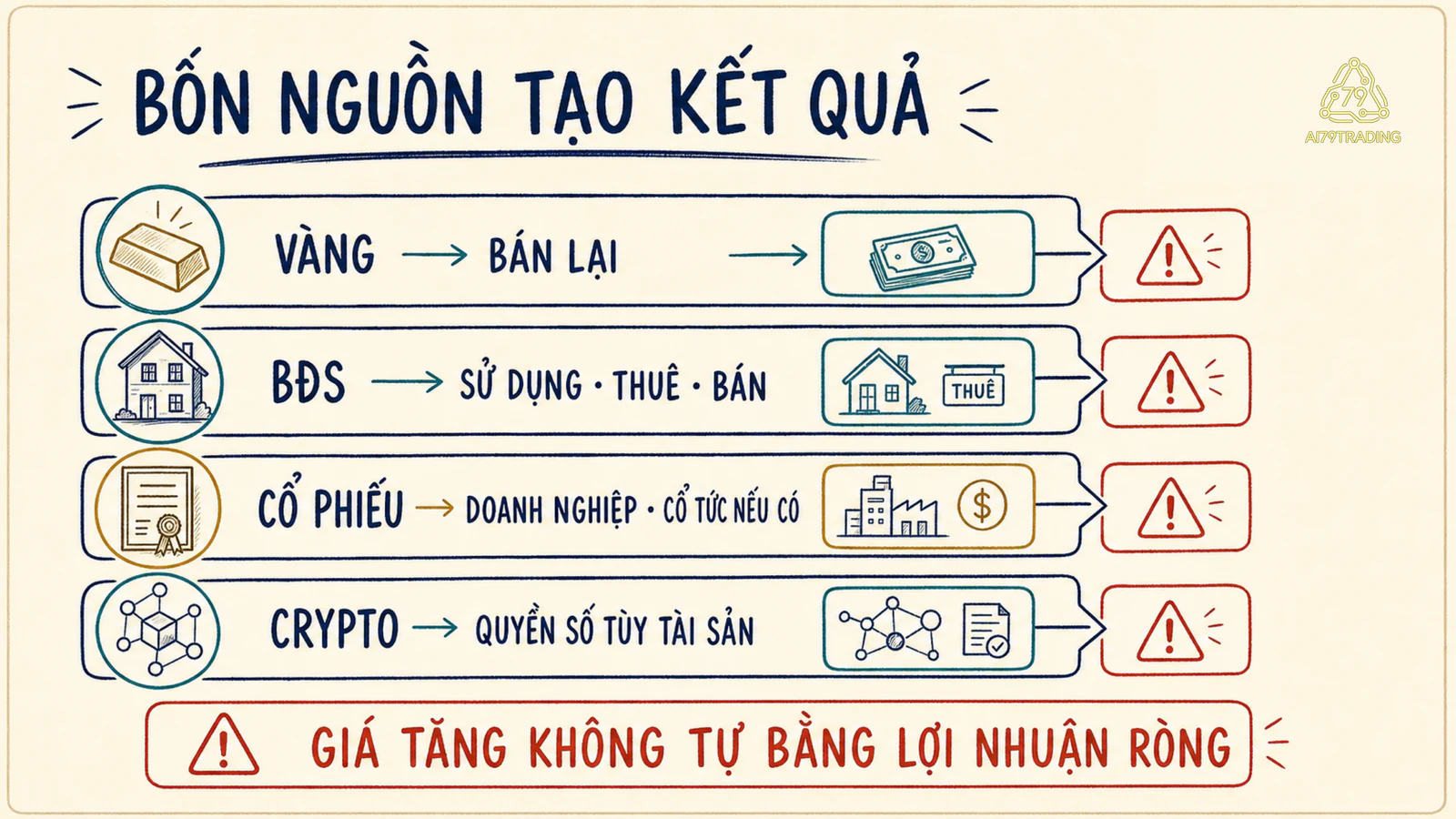 Bốn luồng từ quyền nắm giữ của vàng, bất động sản, cổ phiếu và crypto đến dòng tiền, tăng giá và điểm rủi ro