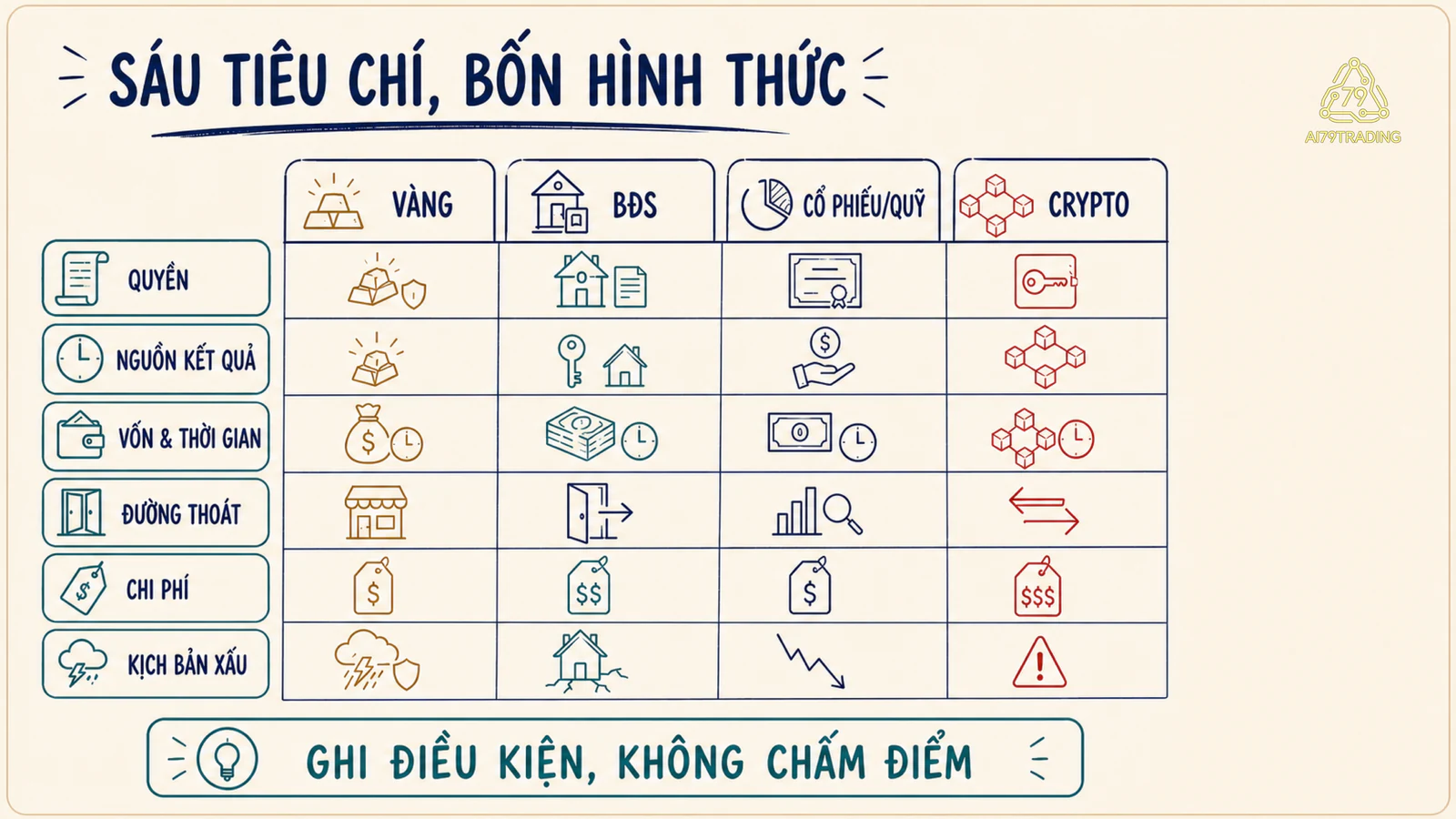 Ma trận sáu tiêu chí gồm quyền, nguồn kết quả, vốn và thời gian, đường thoát, chi phí và kịch bản xấu cho bốn kênh