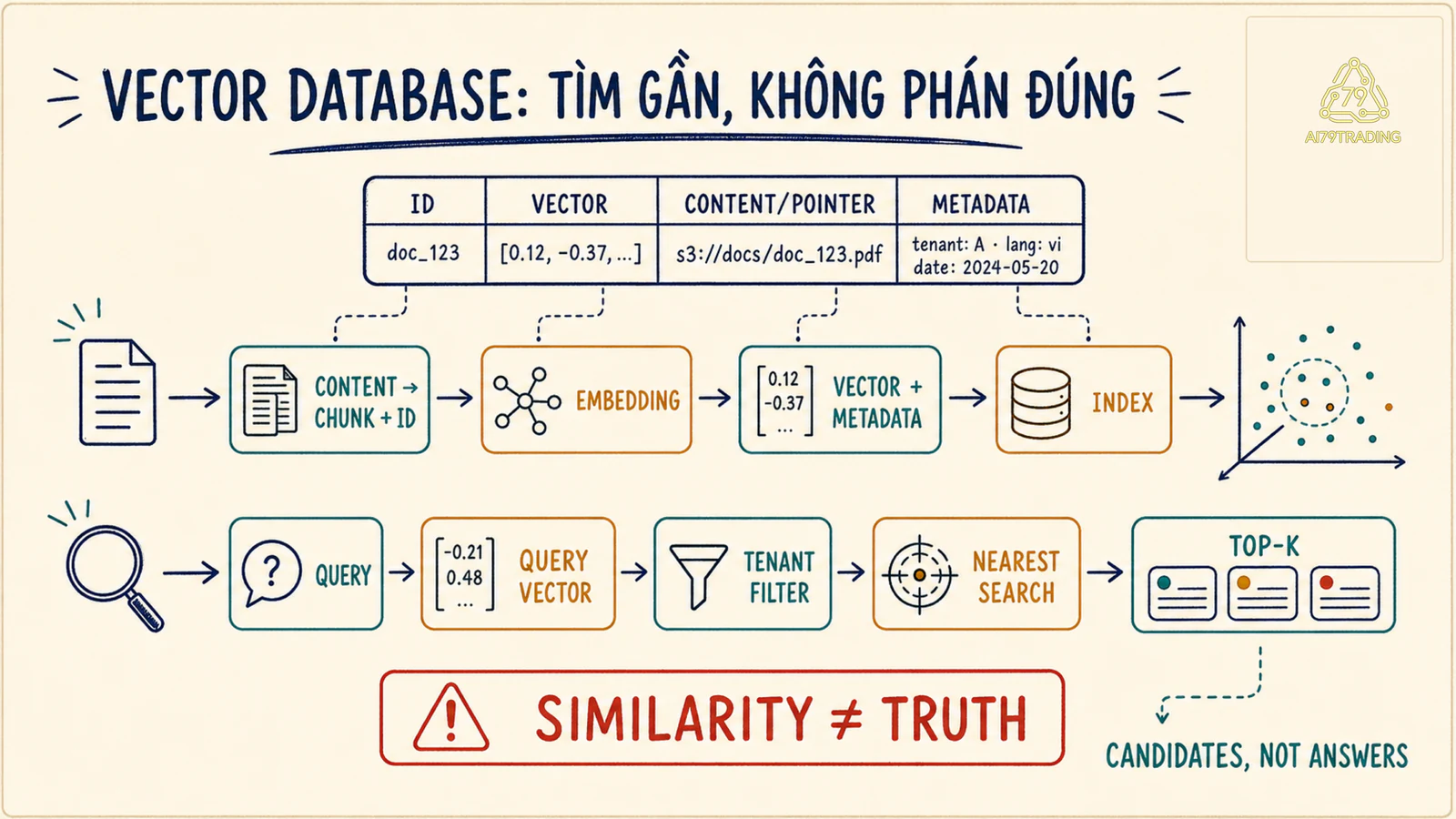 Pipeline Vector Database từ nội dung và embedding đến metadata filter, nearest search và top-k