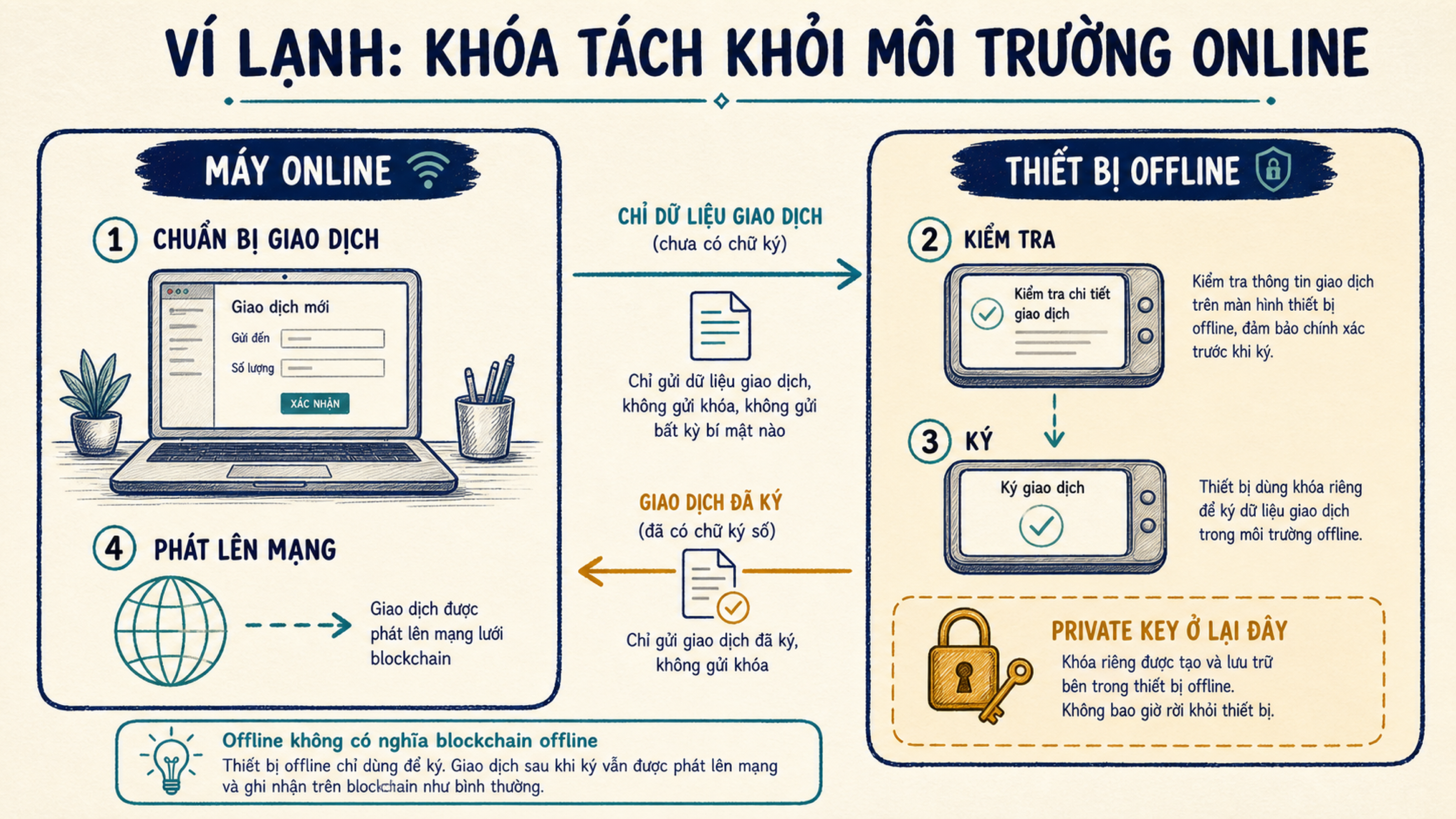 Quy trình máy online chuẩn bị giao dịch và thiết bị offline kiểm tra, ký rồi trả giao dịch đã ký