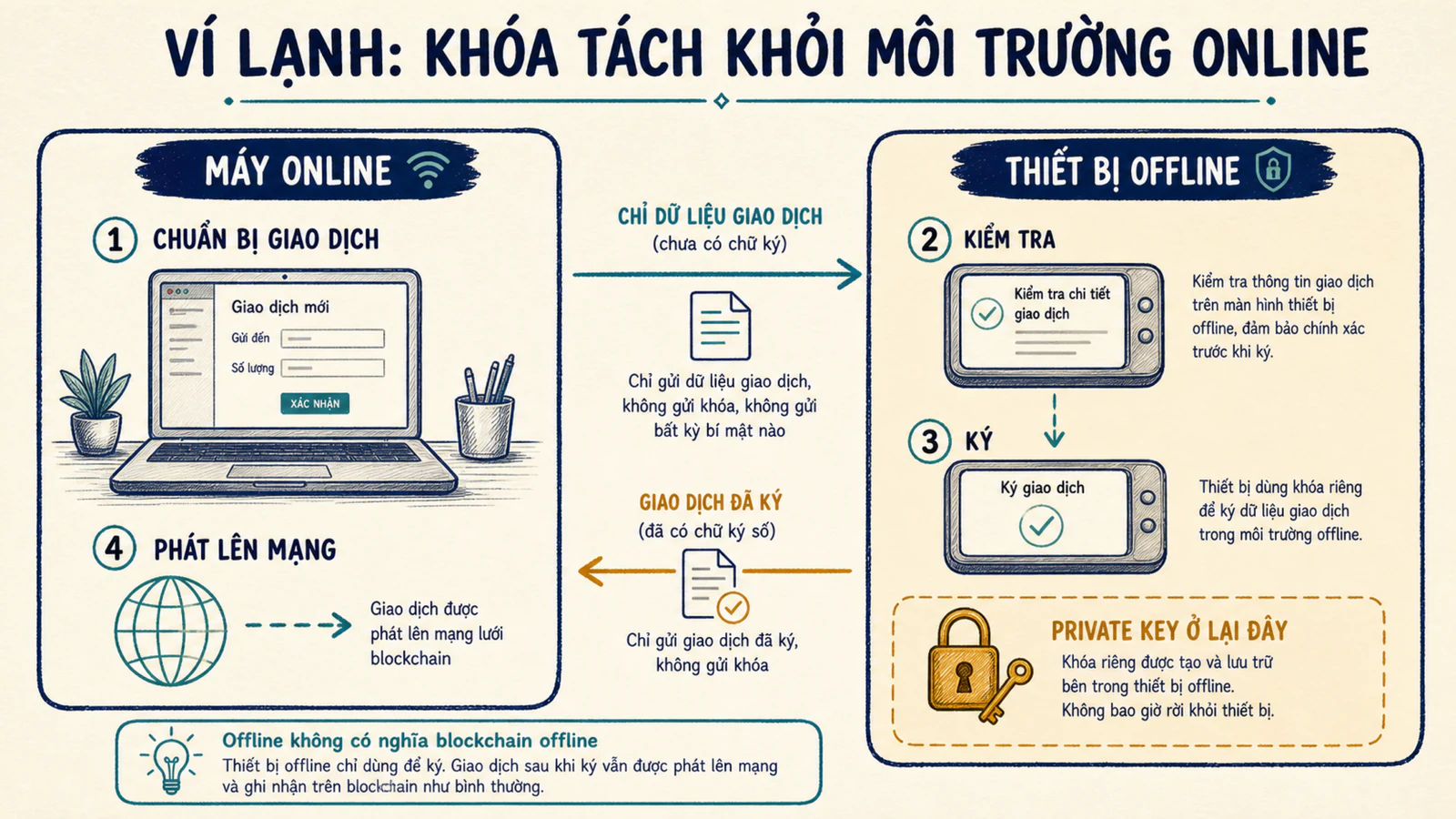Quy trình máy online chuẩn bị giao dịch và thiết bị offline kiểm tra, ký rồi trả giao dịch đã ký