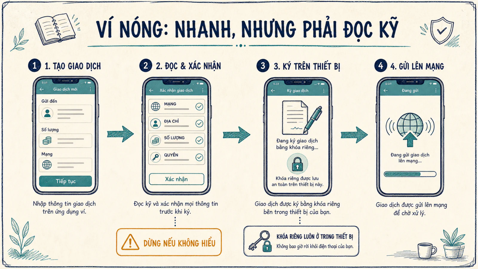 Luồng ví nóng tạo giao dịch, hiển thị xác nhận, ký trên thiết bị và phát lên blockchain