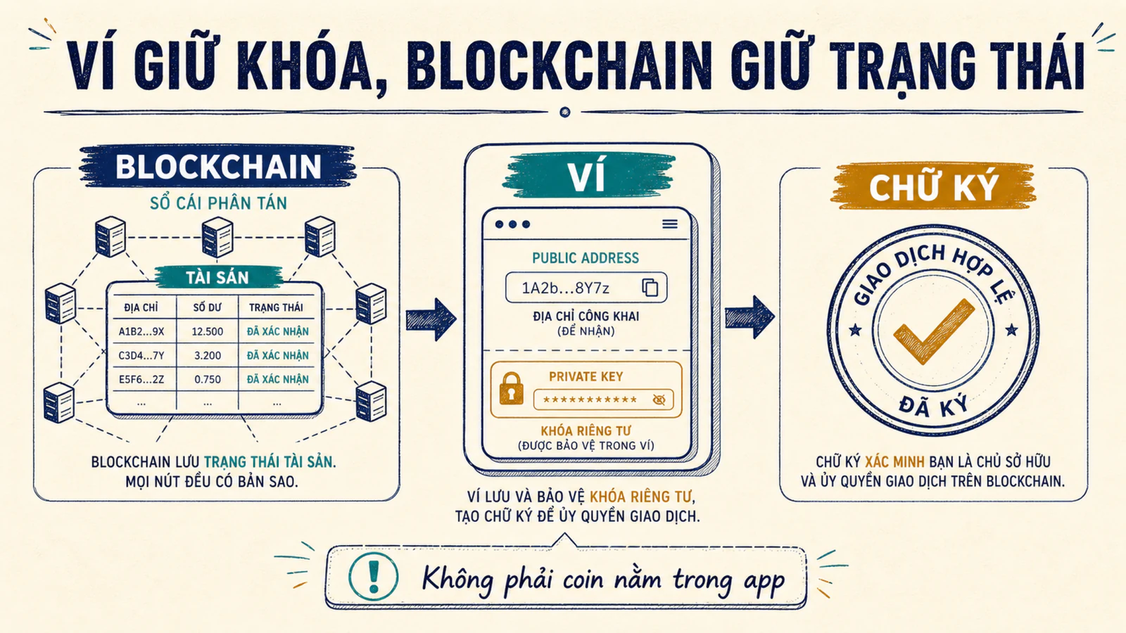 Sơ đồ tài sản nằm trên blockchain còn ví giữ khóa và tạo chữ ký