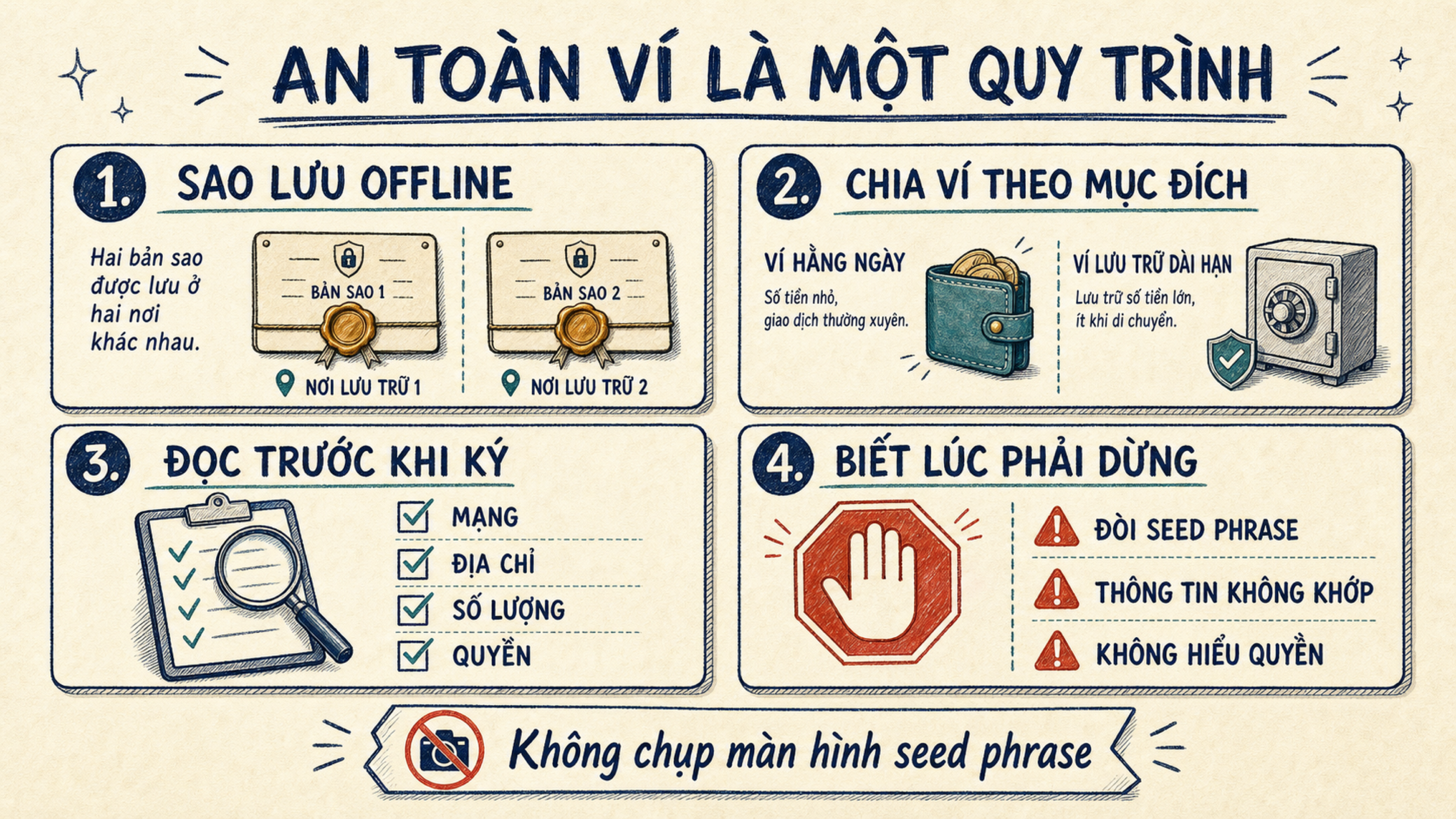 Checklist bảo vệ seed phrase, tách ví thao tác, kiểm tra giao dịch và thử khôi phục