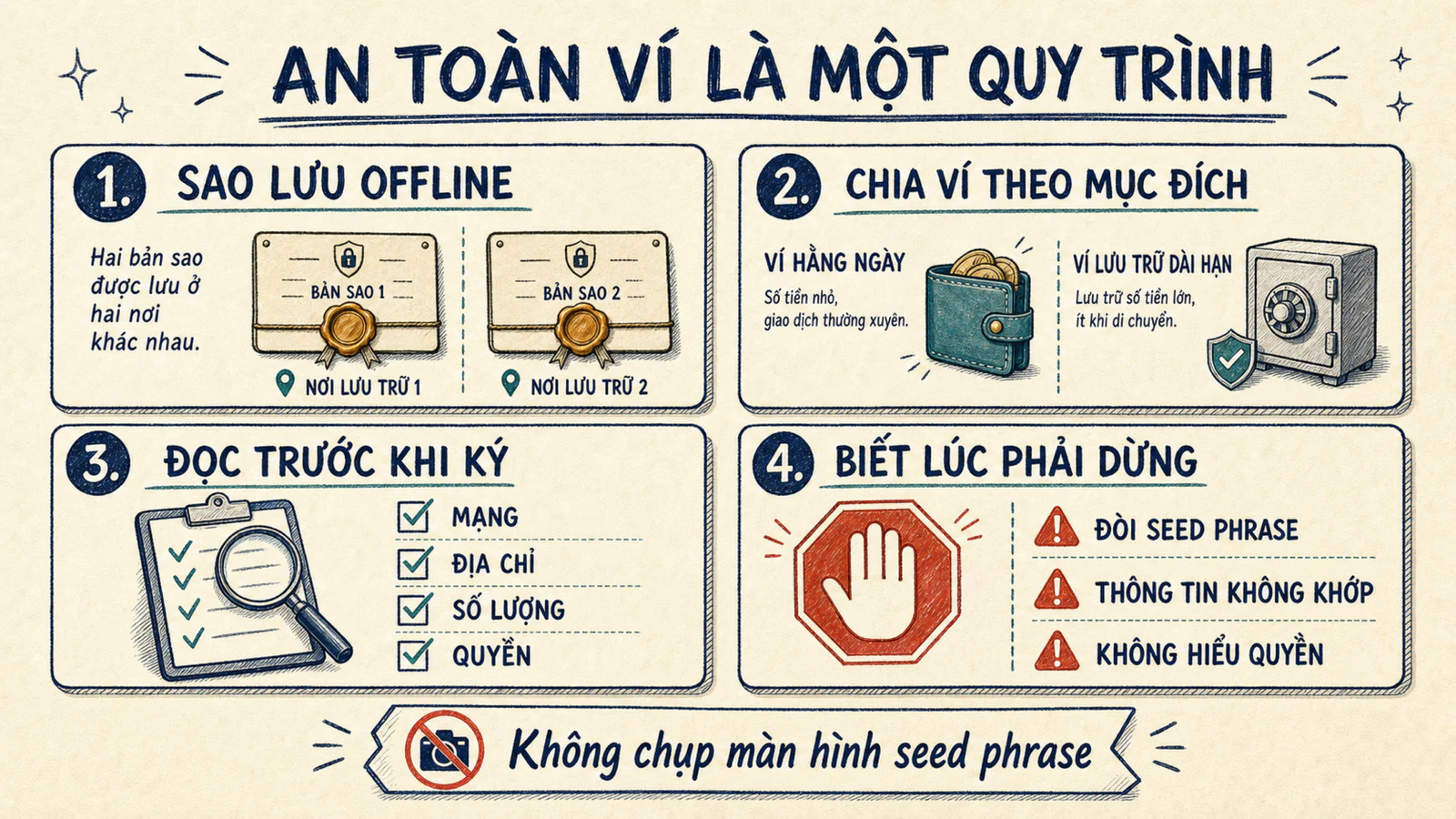 Checklist bảo vệ seed phrase, tách ví thao tác, kiểm tra giao dịch và thử khôi phục