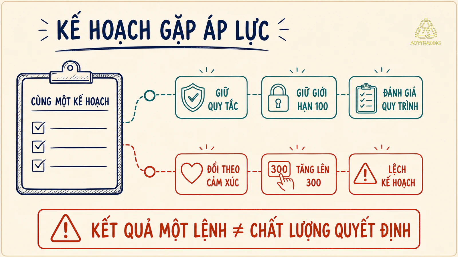 Sơ đồ cùng một kế hoạch giao dịch rẽ thành nhánh giữ quy tắc và nhánh đổi theo cảm xúc dưới áp lực