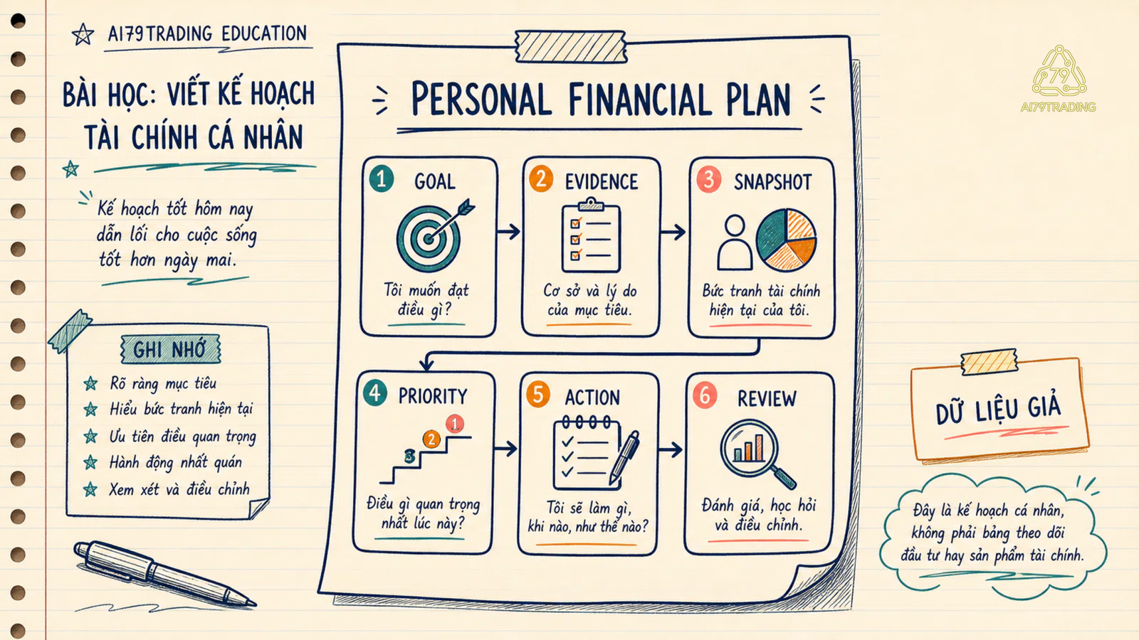 Một trang Personal Financial Plan với goal evidence action và review