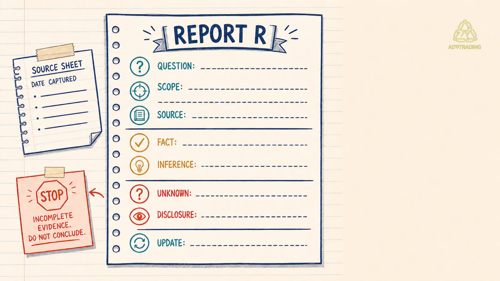 Mẫu Report R mô phỏng gồm question scope source fact inference unknown disclosure và update