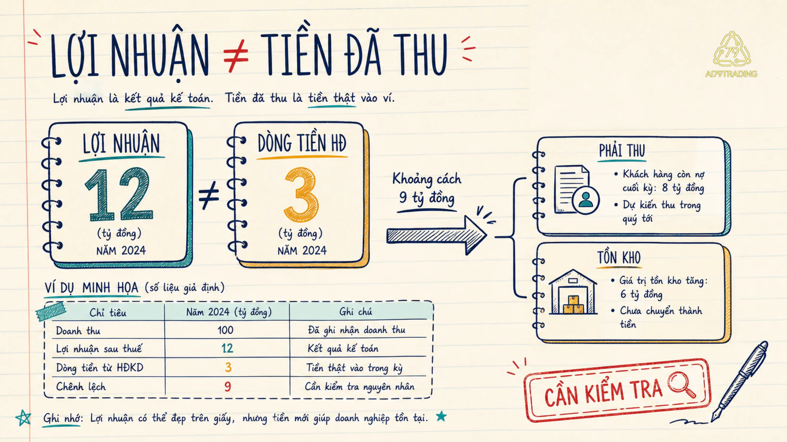Dữ liệu giả lợi nhuận 12 và dòng tiền hoạt động 3 cùng câu hỏi phải thu, tồn kho
