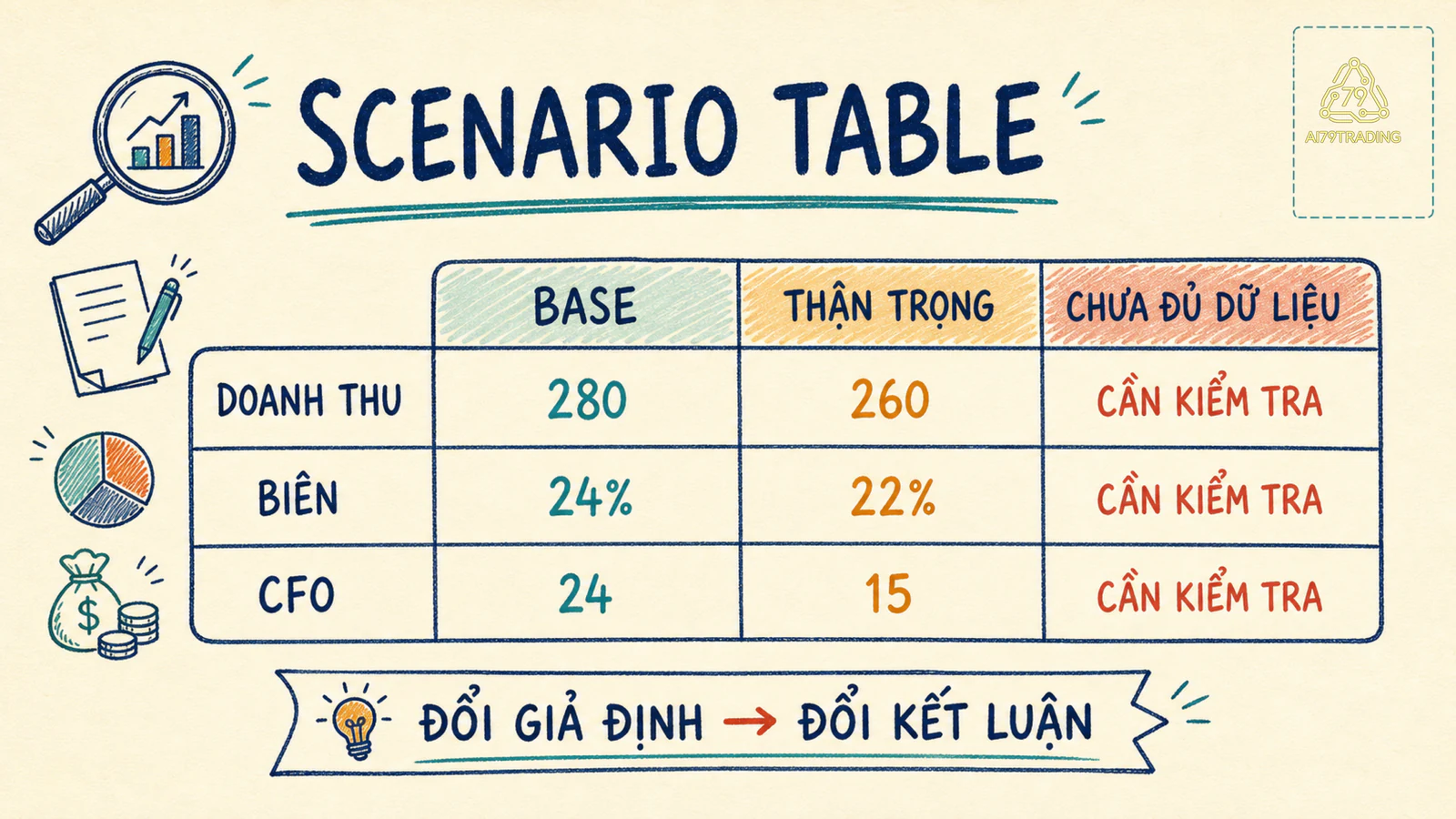 Bảng scenario cơ sở, thận trọng và chưa đủ dữ liệu