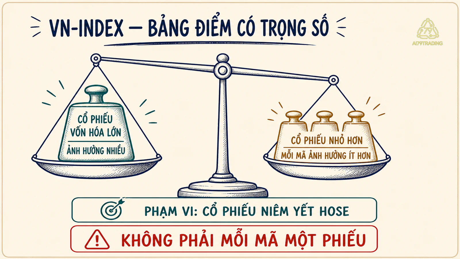 Minh họa VN-Index là bảng điểm có trọng số, cổ phiếu vốn hóa lớn ảnh hưởng nhiều hơn