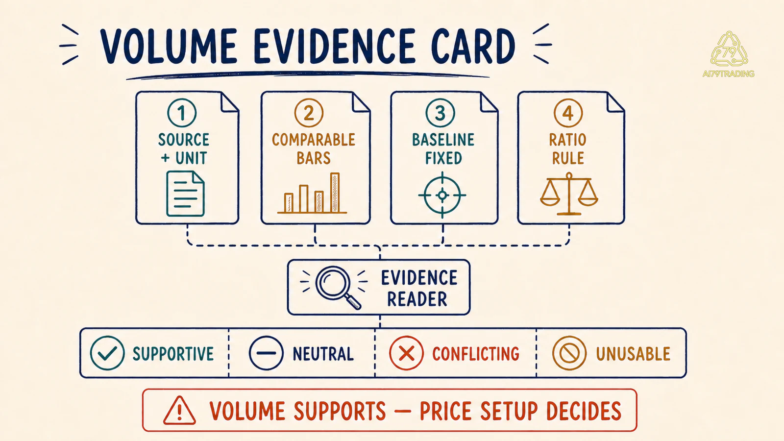 Volume Evidence Card kiểm nguồn và đơn vị, các nến so sánh, baseline cố định và rule tỷ lệ