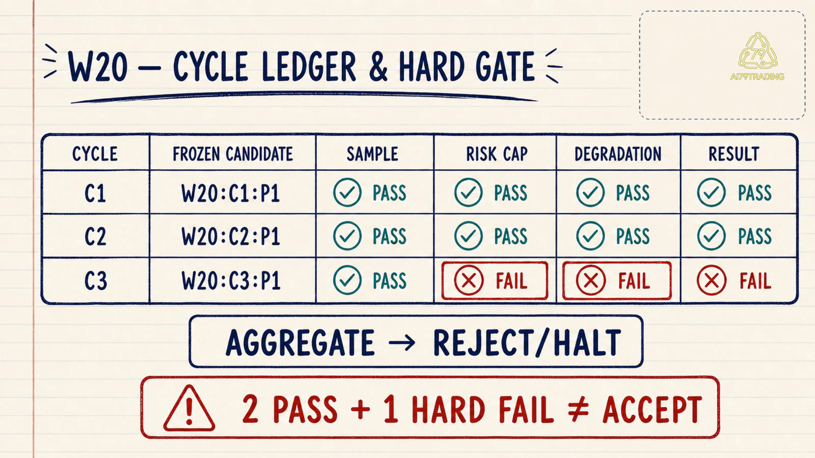 Ledger W20 ghi candidate đóng băng ba cycle và hard failure ở cycle ba