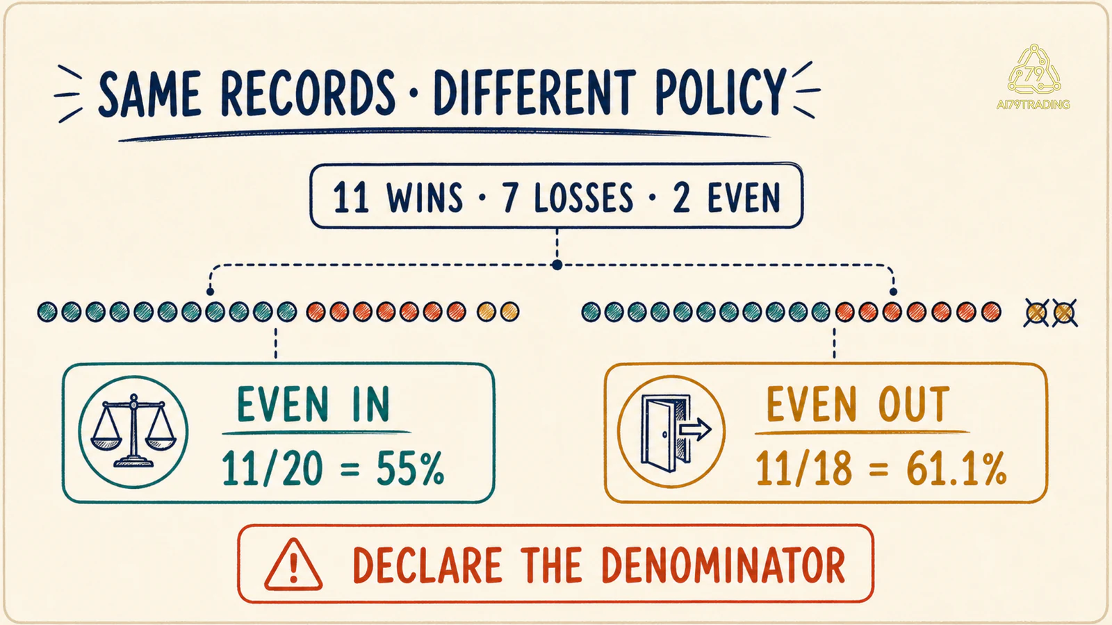 Denominator policy cho cùng 11 wins tạo 55% khi giữ EVEN và 61,1% khi loại EVEN