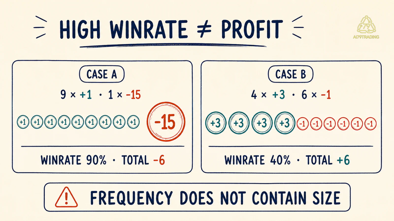 Hai case cho thấy winrate 90 phần trăm có thể âm còn winrate 40 phần trăm có thể dương