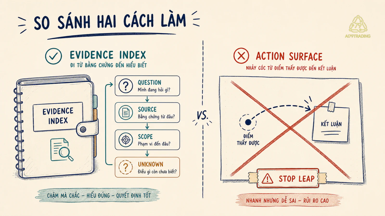 So sánh evidence index có source scope unknown với action surface gợi tín hiệu