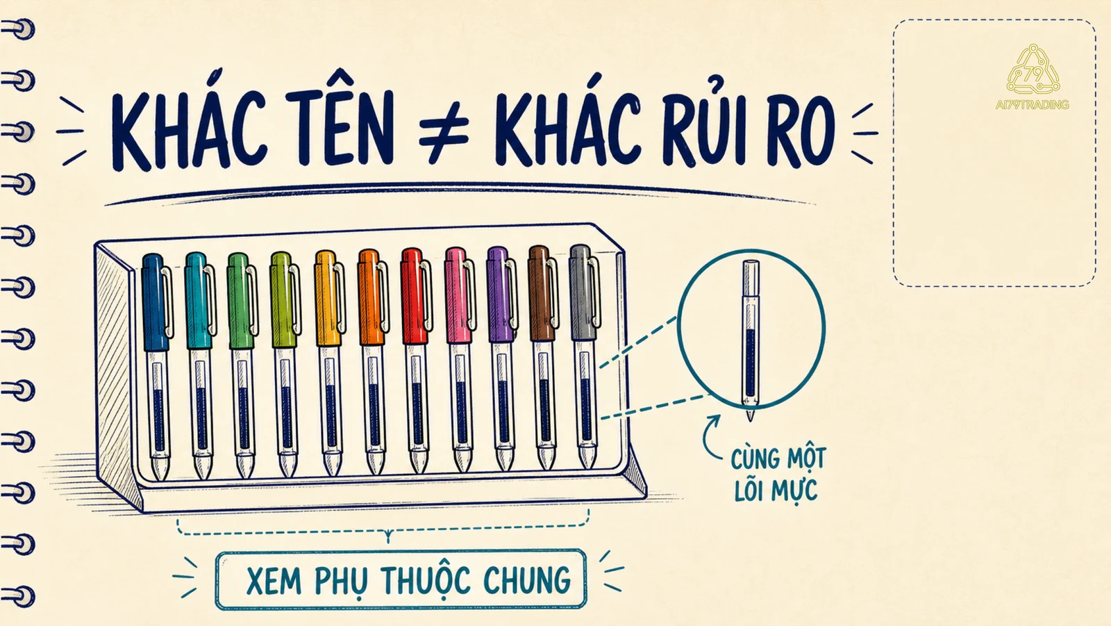 Hộp bút nhiều màu nhưng cùng mực minh họa khác tên không đồng nghĩa khác rủi ro