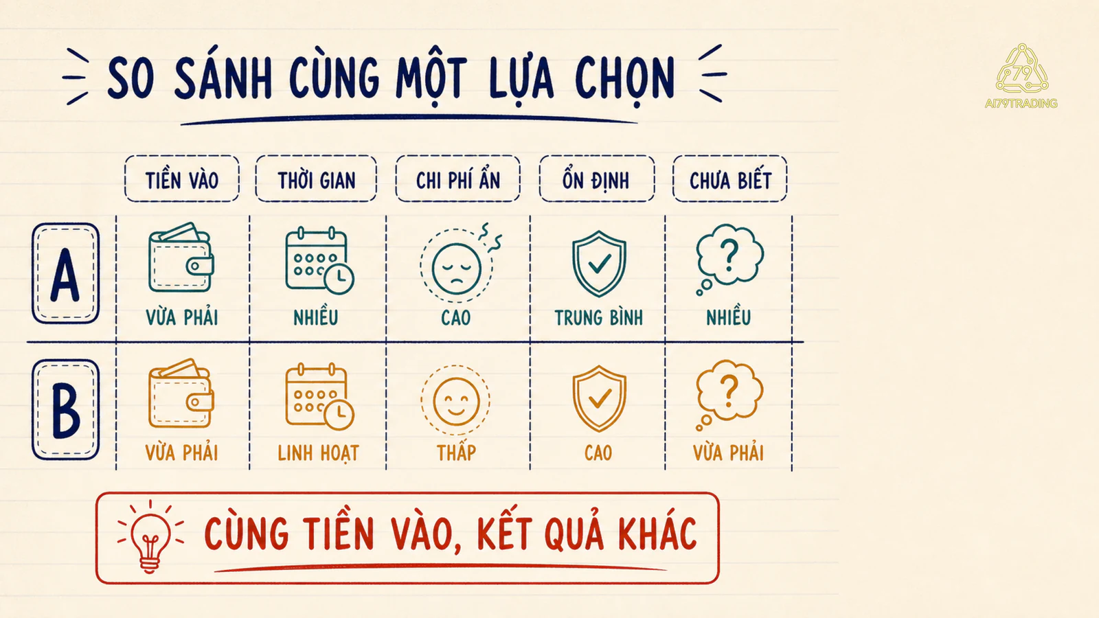 Bảng A/B giả định tách tiền vào, thời gian, chi phí ẩn, độ ổn định và phần chưa biết