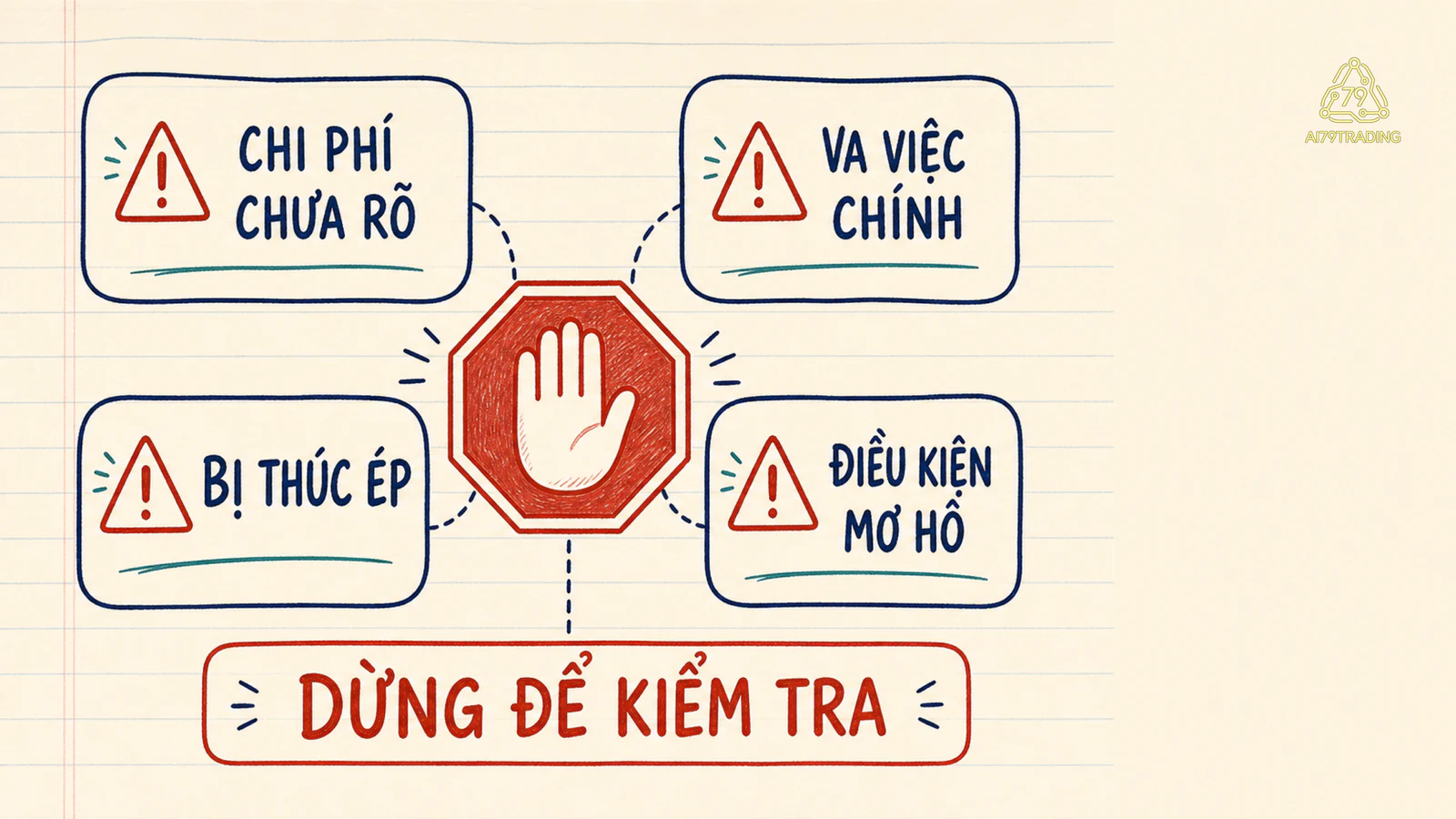 Bốn dấu hiệu dừng: chi phí chưa rõ, va việc chính, bị thúc ép và điều kiện mơ hồ